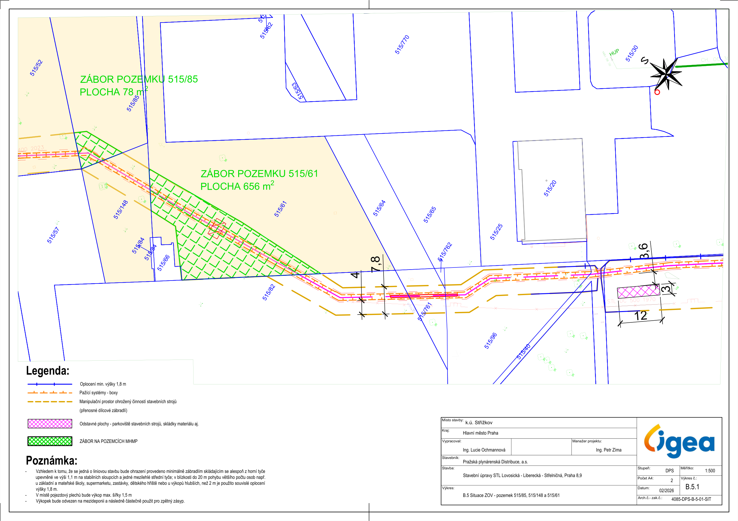 Koordinační situační nákres záboru pozemků pro stavební úpravy STL plynovodu v k.ú. Střížkov.