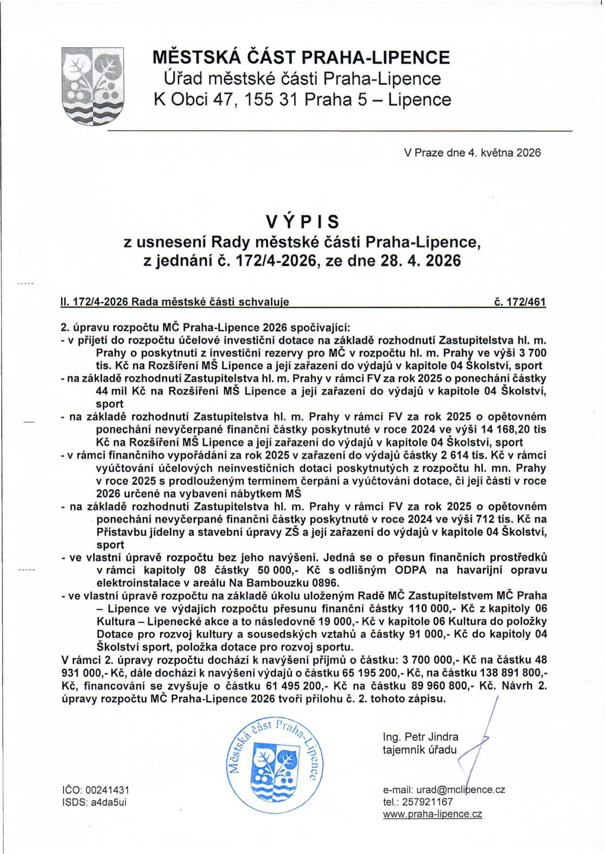 Výpis z usnesení Rady městské části Praha-Lipence, jednání č. 172/4-2026 ze dne 28. 4. 2026. Dokument obsahuje schválení 2. úpravy rozpočtu MČ Praha-Lipence 2026, která zahrnuje: přijetí dotace 3 700 000 Kč na rozšíření MŠ Lipence, ponechání částky 44 000 Kč na rozšíření MŠ, ponechání nevyčerpané částky 14 168,20 tis. Kč na MŠ Lipence, vypořádání dotací 2 614 tis. Kč, ponechání nevyčerpané částky 712 tis. Kč na přístavbu jídelny a úpravy ZŠ, přesun 50 000 Kč na havarijní opravu elektroinstalace v areálu Na Bambouzku 0896, a přesun 110 000 Kč v rámci kapitoly Kultura a sport. Celkově dochází k navýšení příjmů o 3 700 000 Kč na 48 931 000 Kč a navýšení výdajů o 65 195 200 Kč na 138 891 800 Kč. Dokument podepsal tajemník úřadu Ing. Petr Jindra dne 4. května 2026.
