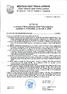 Výpis z usnesení Rady městské části Praha-Lipence, jednání č. 172/4-2026 ze dne 28. 4. 2026. Dokument obsahuje schválení 2. úpravy rozpočtu MČ Praha-Lipence 20…