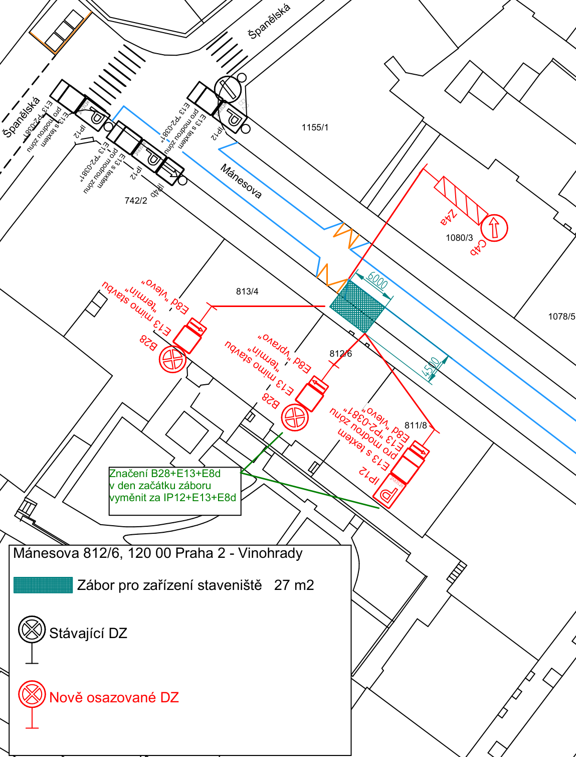Situační nákres dopravního značení pro zábor staveniště v ulici Mánesova.