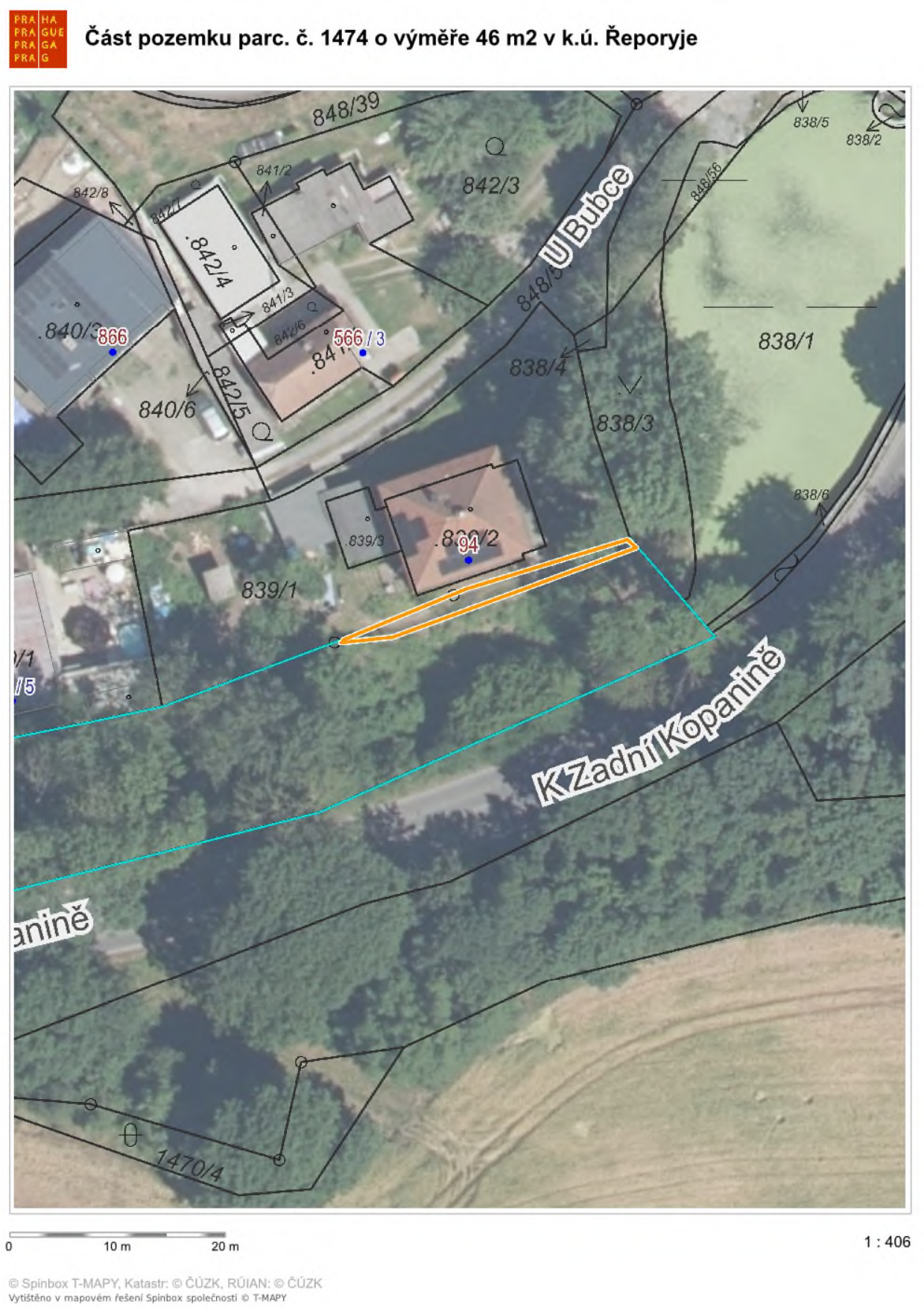 Mapa z katastru nemovitostí zobrazující část pozemku parc. č. 1474 o výměře 46 m2 v k.ú. Řeporyje. V mapě jsou vyznačena čísla okolních parcel (např. 848/39, 842/3, 840/3, 839/1, 838/1, 1470/4) a názvy ulic 'U Bubce' a 'K Zadní Kopanině'. Zobrazen je ortofotomapa s vyznačeným pozemkem a měřítkem 1:406. Uvedeny jsou zdroje: Spinbox T-MAPY, Katastr: © ČÚZK, RÚIAN: © ČÚZK.