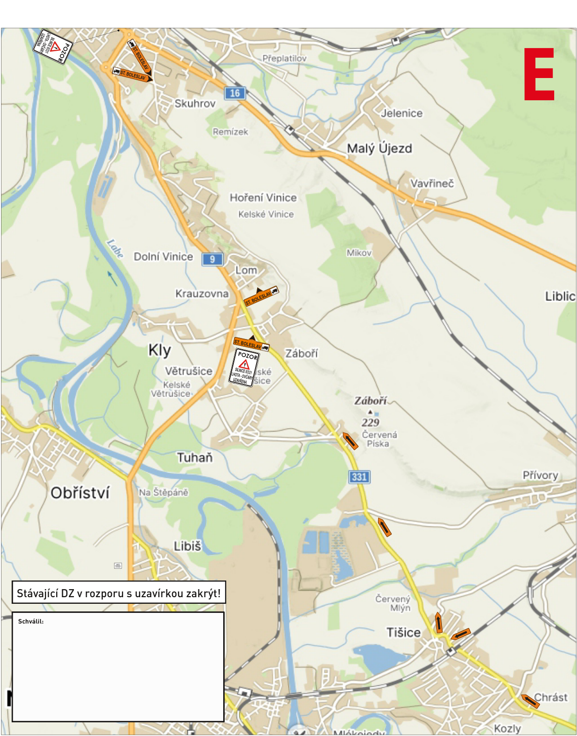 Situační nákres dopravního značení a objízdné trasy v oblasti obcí Kly, Záboří a Tišice.
