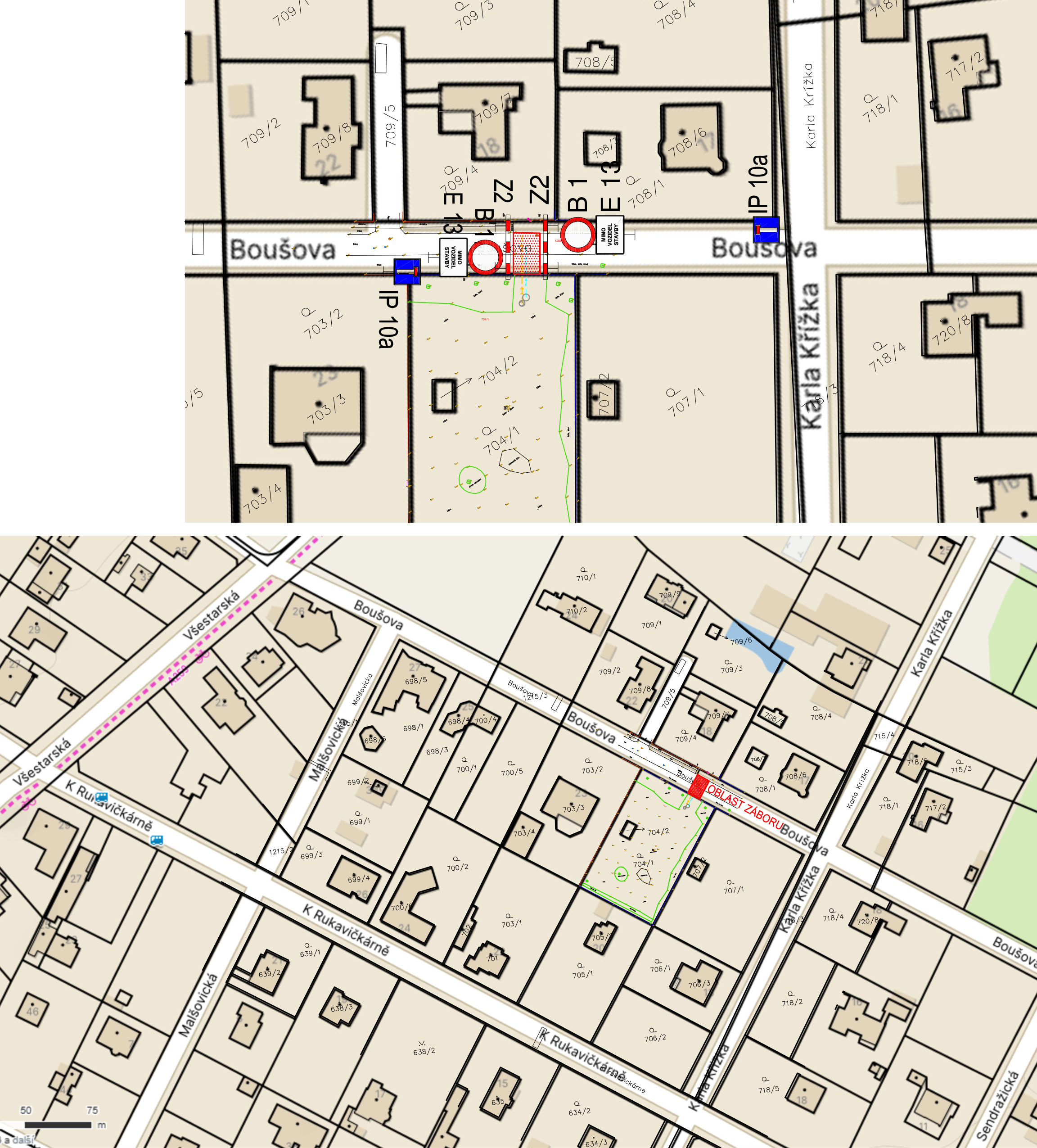 Situační nákres dopravního značení a záboru na ulici Boušova. Horní část detailně zobrazuje umístění dopravních značek (IP 10a, B 1, E 13) a vyznačený prostor záboru na komunikaci. Dolní část ukazuje širší přehledovou mapu oblasti s vyznačeným 'OBLAST ZÁBORU' na ulici Boušova, v blízkosti křižovatky s ulicí Karla Křížky. V mapě jsou patrná čísla parcel (např. 709/2, 704/1, 704/2, 708/1, 718/1) a názvy ulic: Boušova, Karla Křížky, Všestarská, Malšovická, K Rukavičkárně.
