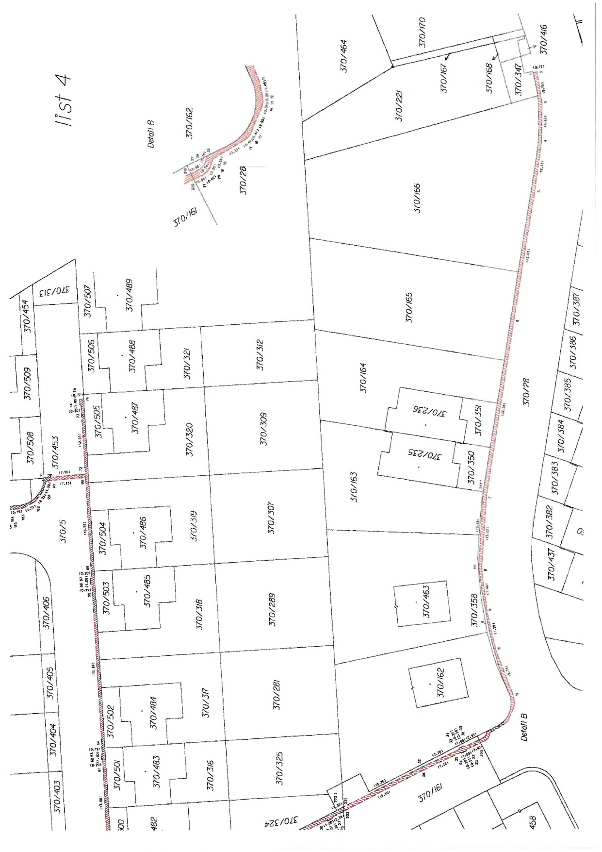 Katastrální mapa zobrazující parcelní čísla pozemků, včetně detailu B. Čitelná parcelní čísla: 370/403, 370/404, 370/405, 370/406, 370/501, 370/502, 370/483, 370/484, 370/316, 370/317, 370/318, 370/325, 370/281, 370/289, 370/307, 370/309, 370/312, 370/319, 370/320, 370/321, 370/485, 370/486, 370/503, 370/504, 370/505, 370/487, 370/488, 370/489, 370/506, 370/507, 370/453, 370/508, 370/509, 370/454, 370/313, 370/5, 370/324, 370/161, 370/28, 370/162, 370/463, 370/235, 370/236, 370/350, 370/351, 370/163, 370/164, 370/165, 370/166, 370/221, 370/464, 370/167, 370/168, 370/347, 370/416, 370/358, 370/437, 370/382, 370/383, 370/384, 370/385, 370/386, 370/387, 458. V pravém horním rohu je uveden text 'list 4'.