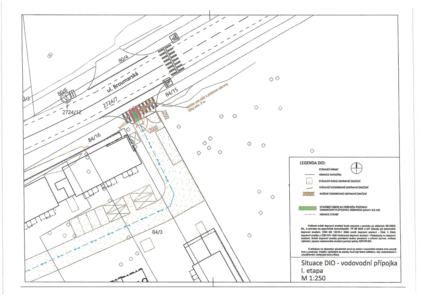 Situační nákres DIO (dopravně inženýrského opatření) pro stavbu vodovodní přípojky.