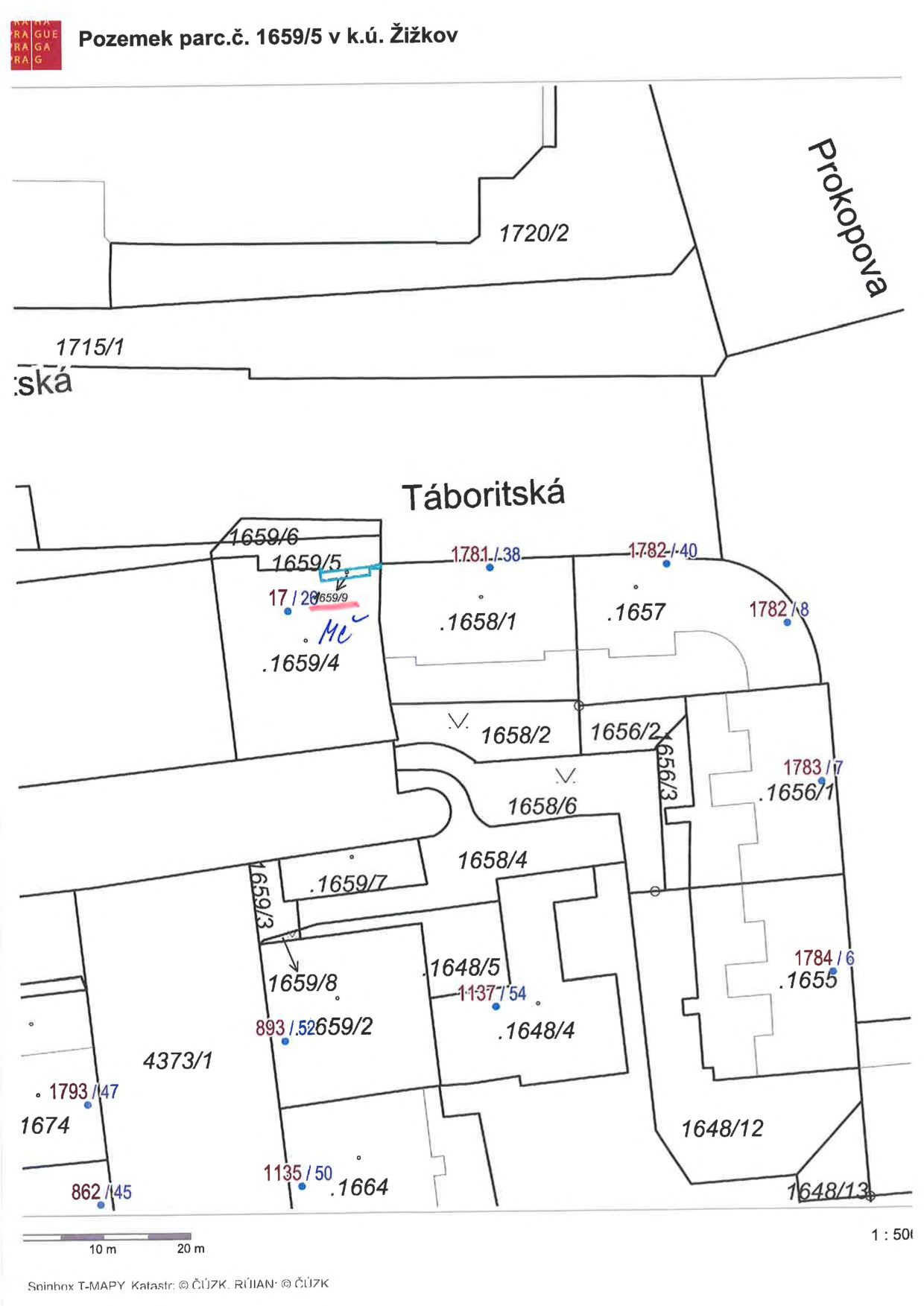 Katastrální mapa zobrazující pozemek parc.č. 1659/5 v k.ú. Žižkov. Mapa obsahuje čísla parcel (např. 1720/2, 1715/1, 1659/6, 1659/5, 1658/1, 1657, 1782/8, 1656/2, 1656/3, 1658/6, 1658/4, 1659/7, 1659/3, 1659/8, 1659/2, 1648/5, 1648/4, 1648/12, 1648/13, 1664, 4373/1, 1674), názvy ulic (Táboritská, Prokopova) a měřítko 1:500. V mapě jsou ručně vepsány poznámky (např. 'Mc' a šipka k parcele 1659/5). Zdroj dat: Spinbox T-MAPY Katastr © ČÚZK, RÚIAN © ČÚZK.