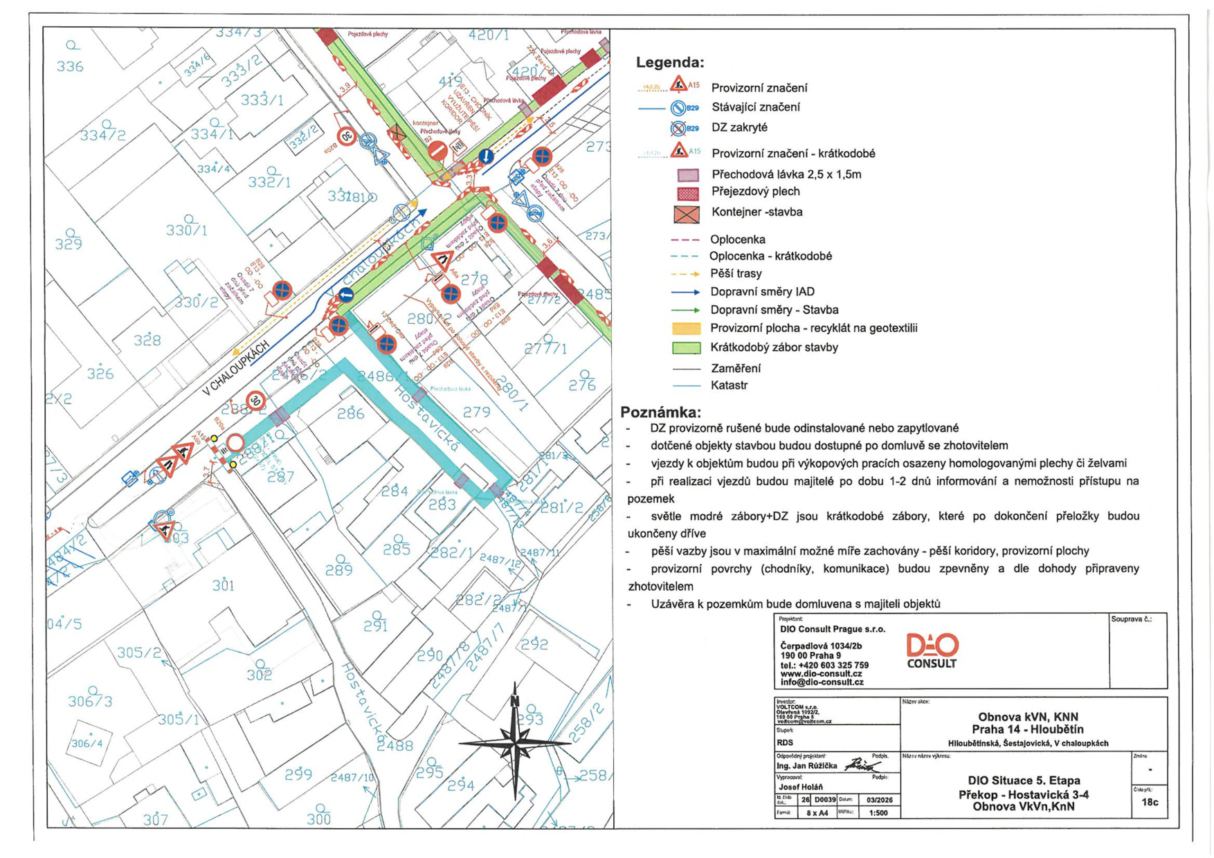 Projektová dokumentace (DIO Situace 5. Etapa) pro stavbu 'Obnova kVN, kNN Praha 14 - Hloubětín' v ulicích Hostavická, Šestajovická a V Chaloupkách. Dokument obsahuje situační mapu s vyznačením dočasného dopravního značení, záborů, přechodových lávek a kontejnerů. Legenda: Provizorní značení, stávající značení, DZ zakryté, přechodová lávka 2,5 x 1,5m, přejezdový plech, kontejner-stavba, oplocenka, pěší trasy, dopravní směry. Poznámky: DZ provizorní bude instalováno/zrušeno, dotčené objekty budou přístupné po dohodě, vjezdy budou informovány 1-2 dny předem, světle modré zábory jsou krátkodobé, pěší vazby budou zachovány. Projektant: DIO Consult Prague s.r.o., Čerpadlová 1034/2b, 190 00 Praha 9, tel: +420 603 325 759, www.dio-consult.cz. Investor: VOLTCOM s.r.o. Datum: 03/2026, měřítko 1:500.
