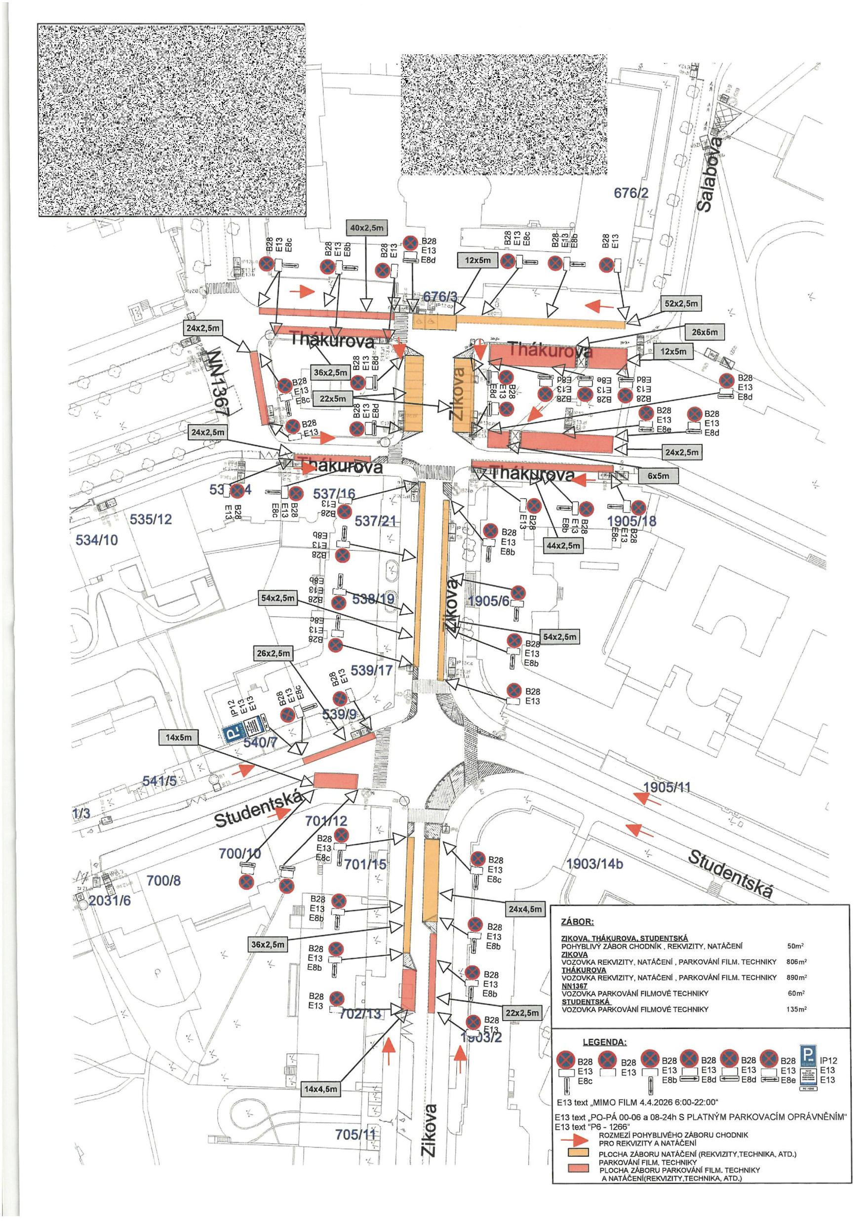 Koordinační situační výkres záboru veřejného prostranství v ulicích Thákurova, Zikova a Studentská pro účely filmového natáčení.