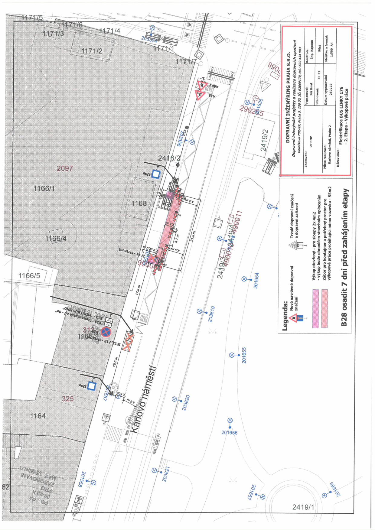 Koordinační situační výkres dopravního značení a záborů pro stavbu na Karlově náměstí.