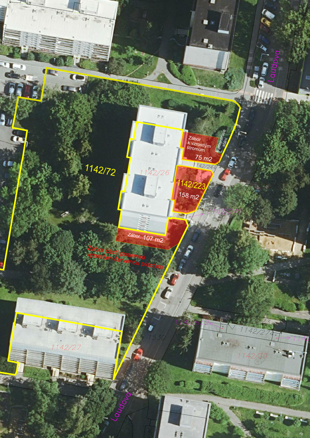 Situační ortofotomapa s vyznačenými zábory pozemků. Obsahuje následující textové údaje: '1142/72', '1142/26', '1142/223', '158 m2', 'Zábor k vzrostlým stromům', '75 m2', 'kontejnerové stání', '1142/244', 'Zábor 107 m2', 'Zábor části pozemku vyznačen červenou plochou', '1142/27', '1142/274', '1142/30', '1530', 'Laudova'.