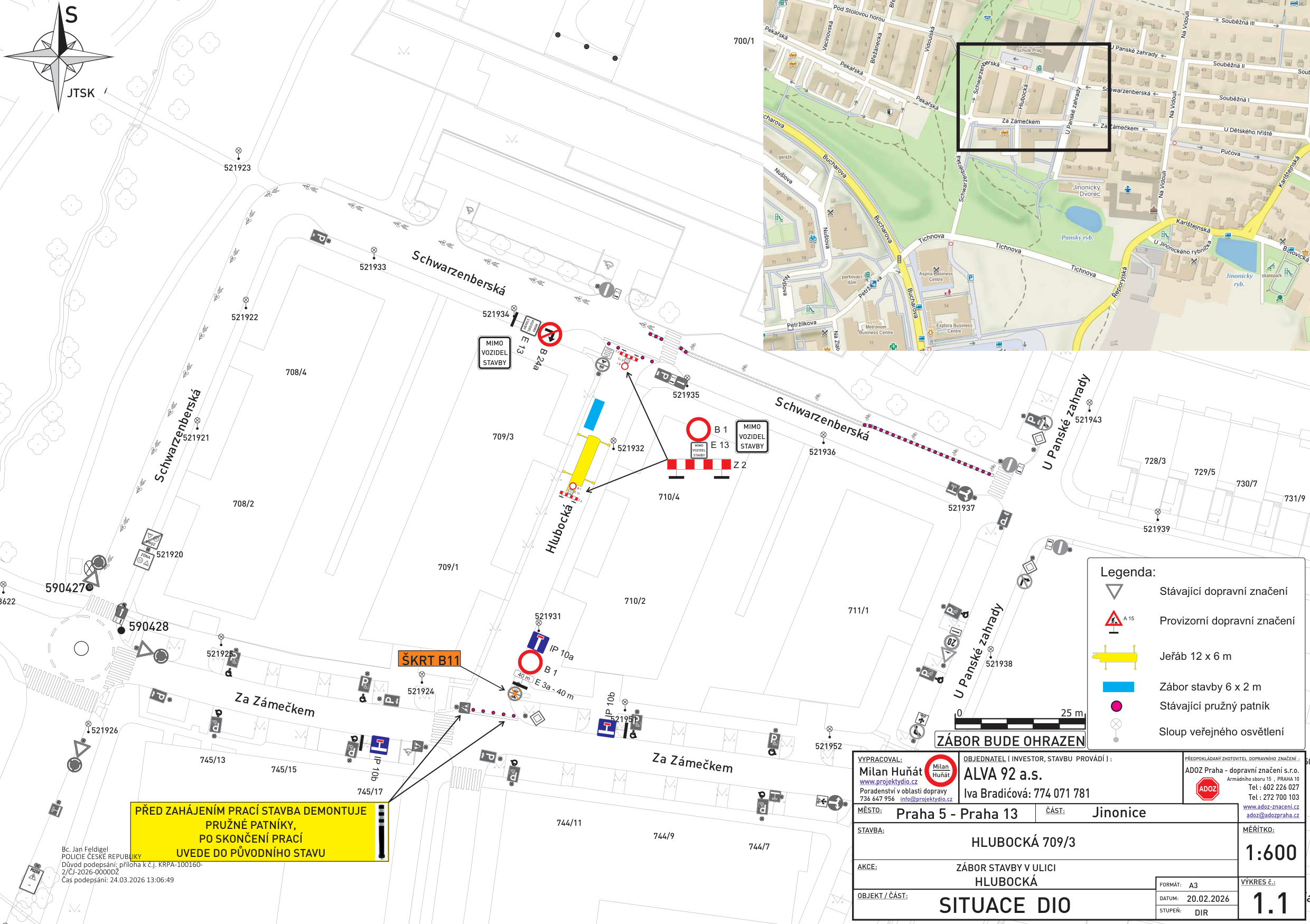 Dopravně inženýrské opatření (DIO) pro zábor stavby v ulici Hlubocká v Jinonicích.