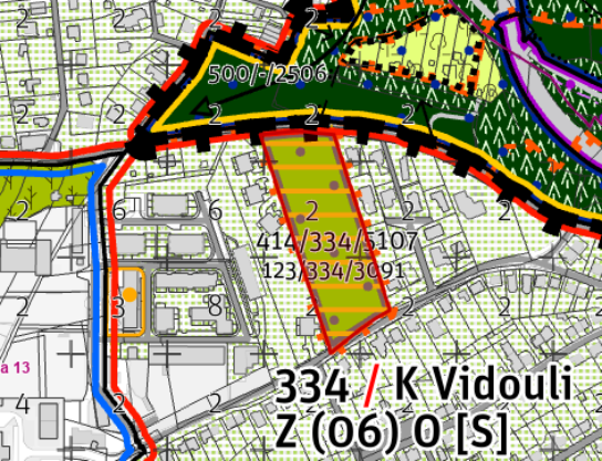 Výřez územního plánu s vyznačenou plochou. Uvnitř plochy jsou uvedena čísla: 414/334/5107 a 123/334/3091. V dolní části je text: '334 / K Vidouli' a 'Z (06) O [S]'. Mapa obsahuje různé číselné značky (2, 3, 6, 8) a barevné linie vymezující zóny.