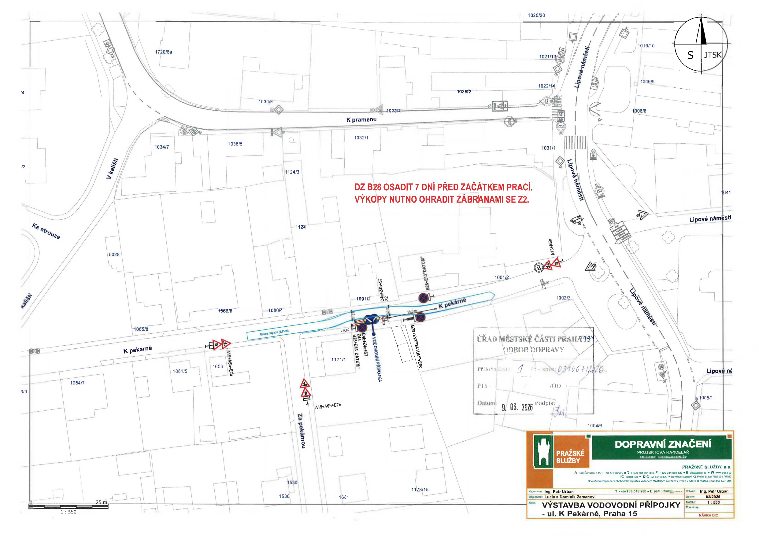 Situační nákres dopravního značení pro výstavbu vodovodní přípojky v ulici K Pekárně.