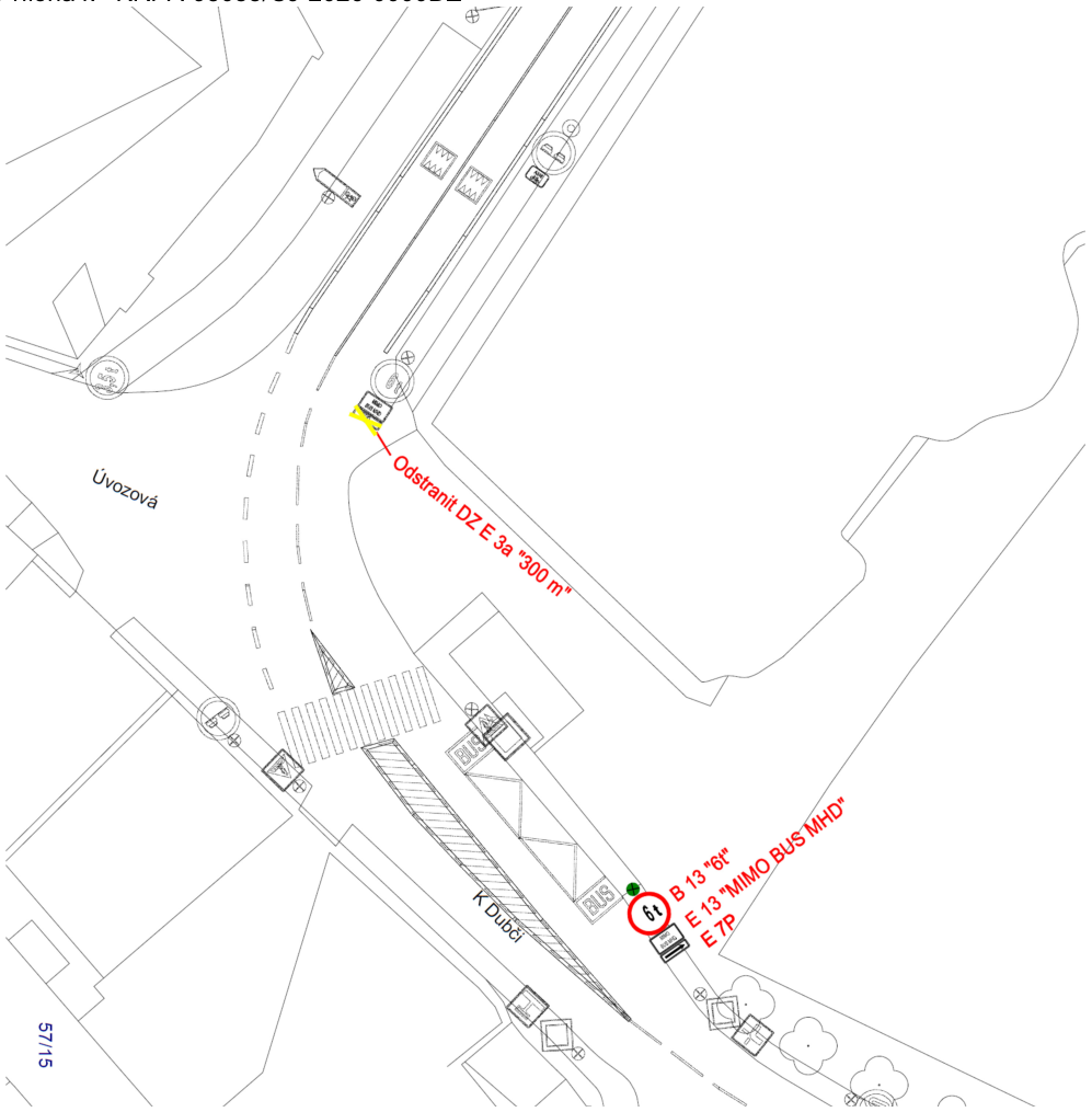 Dopravně-inženýrské schéma s vyznačenými úpravami dopravního značení v ulici K Dubči.