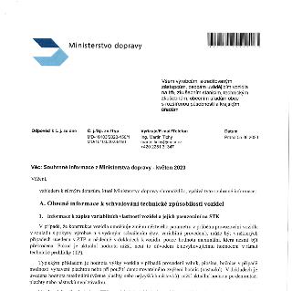 Dokument Ministerstva dopravy ČR ze dne 05.06.2023 (č. j. MD-16103/2023-150/1), adresovaný výrobcům, akreditovaným zástupcům, STK a úřadům. Předmětem je 'Souhr…