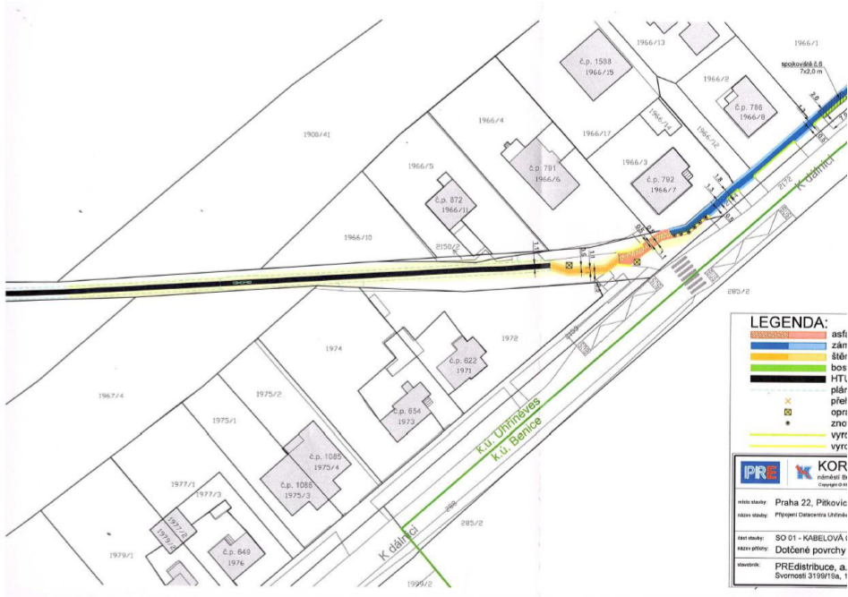 Situační nákres stavby (koordinační výkres) pro připojení datacentra v Praze-Pitkovicích.
