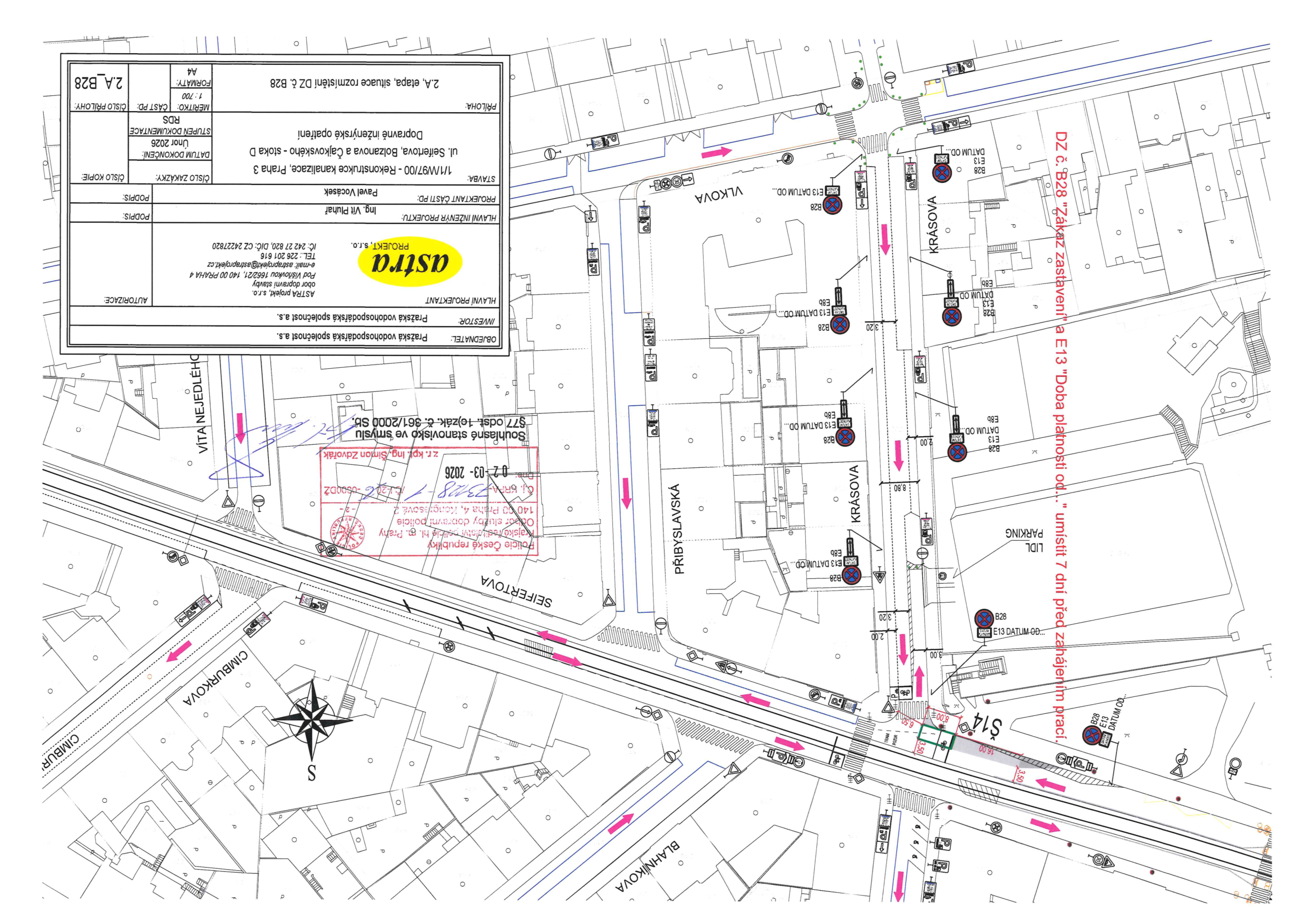 Dopravně inženýrské opatření s vyznačením dočasného zákazu zastavení v ulicích Seifertova a Krásova.