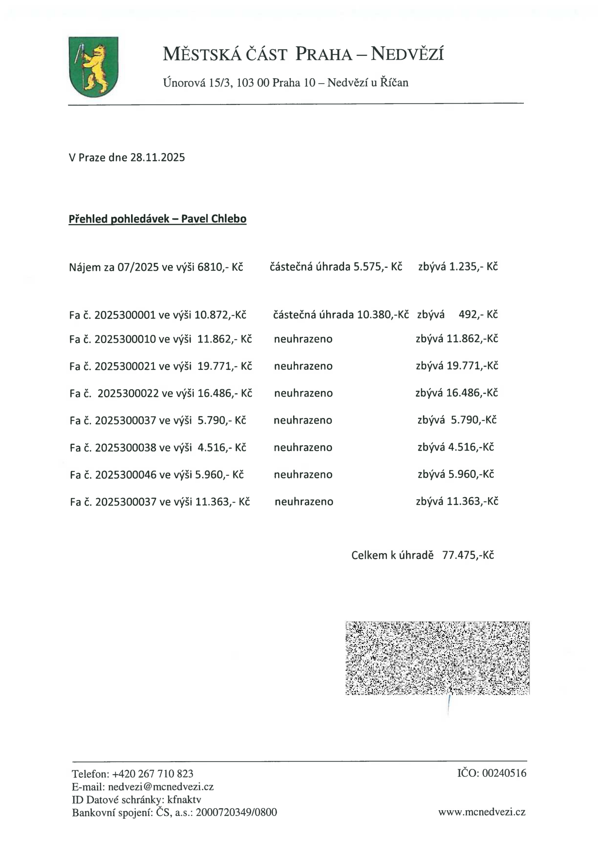 Městská část Praha – Nedvězí, Únorová 15/3, 103 00 Praha 10 – Nedvězí u Říčan. V Praze dne 28.11.2025. Přehled pohledávek – Pavel Chlebo: Nájem za 07/2025 ve výši 6810,- Kč, částečná úhrada 5575,- Kč, zbývá 1235,- Kč. Fa č. 2025300001 ve výši 10872,- Kč, částečná úhrada 10380,- Kč, zbývá 492,- Kč. Fa č. 2025300010 ve výši 11862,- Kč, neuhrazeno, zbývá 11862,- Kč. Fa č. 2025300021 ve výši 19771,- Kč, neuhrazeno, zbývá 19771,- Kč. Fa č. 2025300022 ve výši 16486,- Kč, neuhrazeno, zbývá 16486,- Kč. Fa č. 2025300037 ve výši 5790,- Kč, neuhrazeno, zbývá 5790,- Kč. Fa č. 2025300038 ve výši 4516,- Kč, neuhrazeno, zbývá 4516,- Kč. Fa č. 2025300046 ve výši 5960,- Kč, neuhrazeno, zbývá 5960,- Kč. Fa č. 2025300037 ve výši 11363,- Kč, neuhrazeno, zbývá 11363,- Kč. Celkem k úhradě 77475,- Kč. Kontakt: Telefon +420 267 710 823, E-mail: nedvezi@mcnedvezi.cz, ID Datové schránky: kfnaktv, Bankovní spojení: ČS, a.s.: 2000720349/0800, IČO: 00240516, www.mcnedvezi.cz
