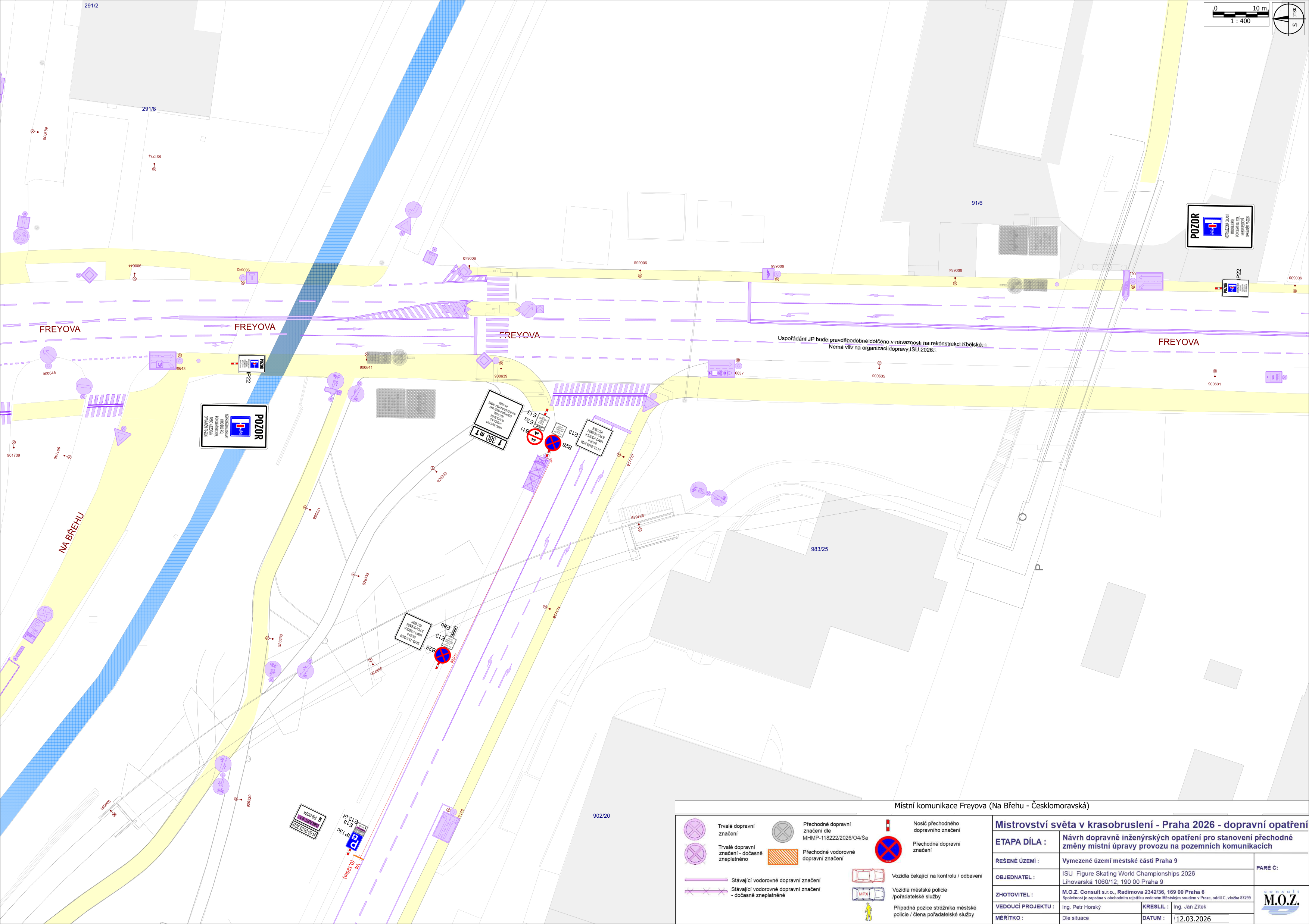 Dopravně inženýrské opatření pro Mistrovství světa v krasobruslení 2026 v ulici Freyova v Praze.