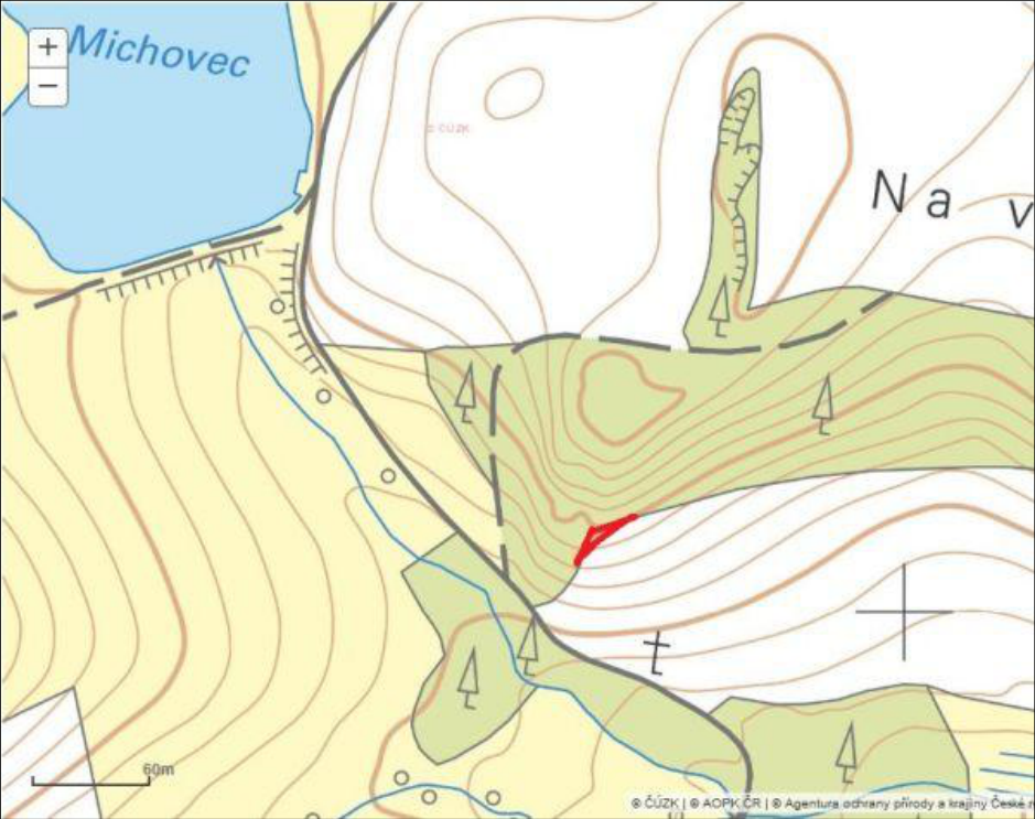 Výřez topografické mapy zobrazující oblast u vodní plochy 'Michovec'. V mapě je červeně zvýrazněn konkrétní bod (pravděpodobně zájmové území). V pravém dolním rohu je uvedena tiráž: '© ČÚZK | © AOPK ČR | © Agentura ochrany přírody a krajiny České republiky'. V levém dolním rohu je měřítko 60 m.