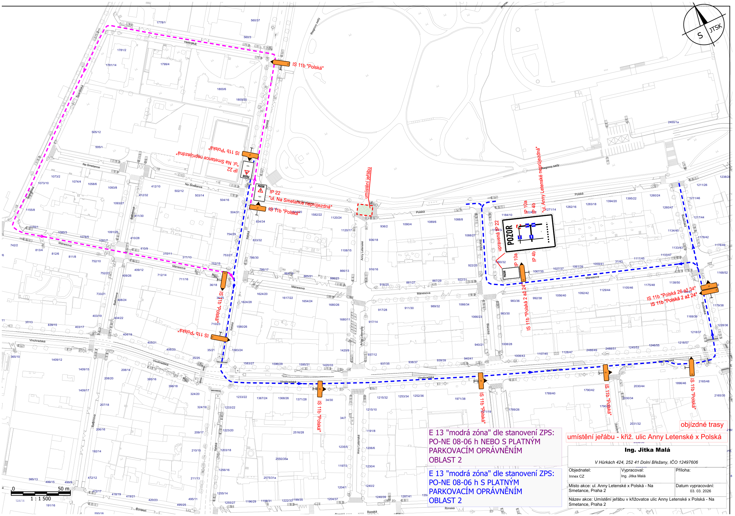 Situační nákres dopravního značení a objízdných tras v souvislosti s umístěním jeřábu v křižovatce ulic Anny Letenské a Polská.