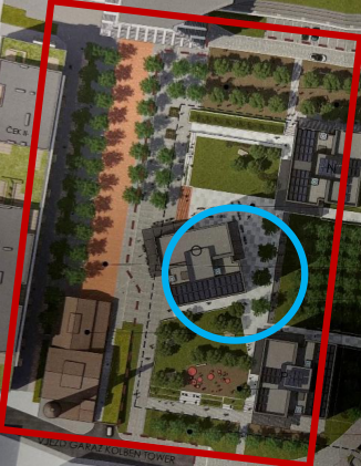 Vizualizace projektu s vyznačeným umístěním stavby v kontextu okolí.