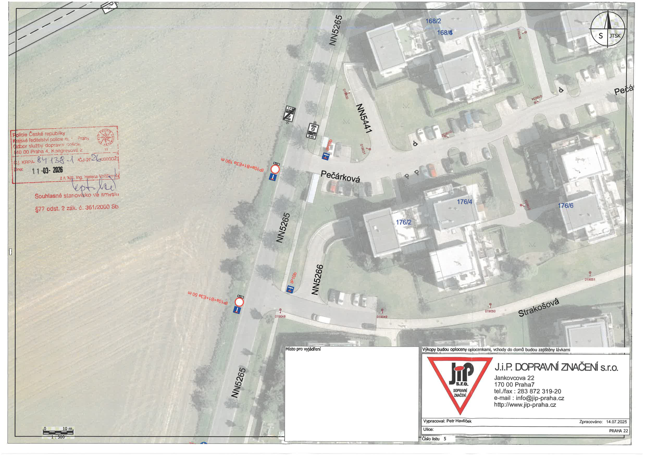 Situační nákres dopravního značení a uzavírky v lokalitě ulic Pečárková a Strakošová.