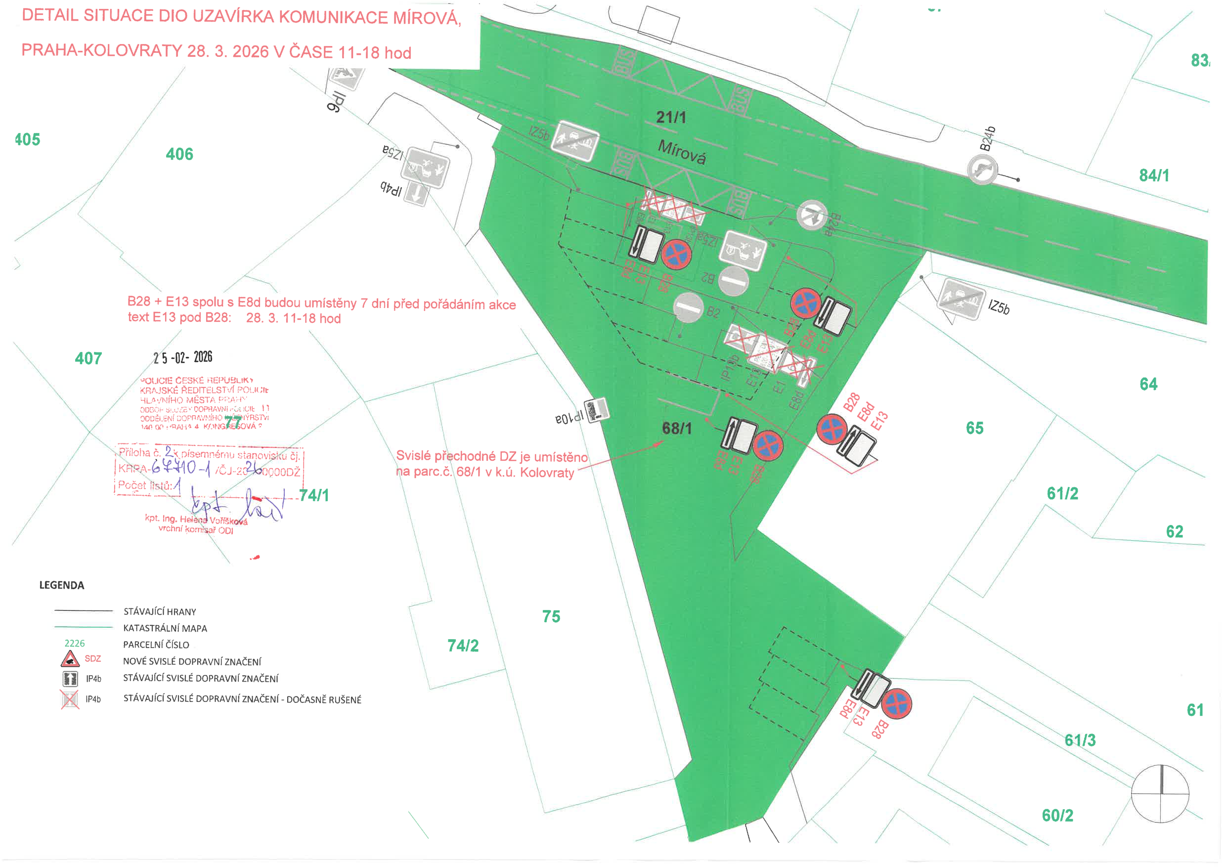 Situační nákres dopravního značení a uzavírky komunikace Mírová v Praze-Kolovratech.