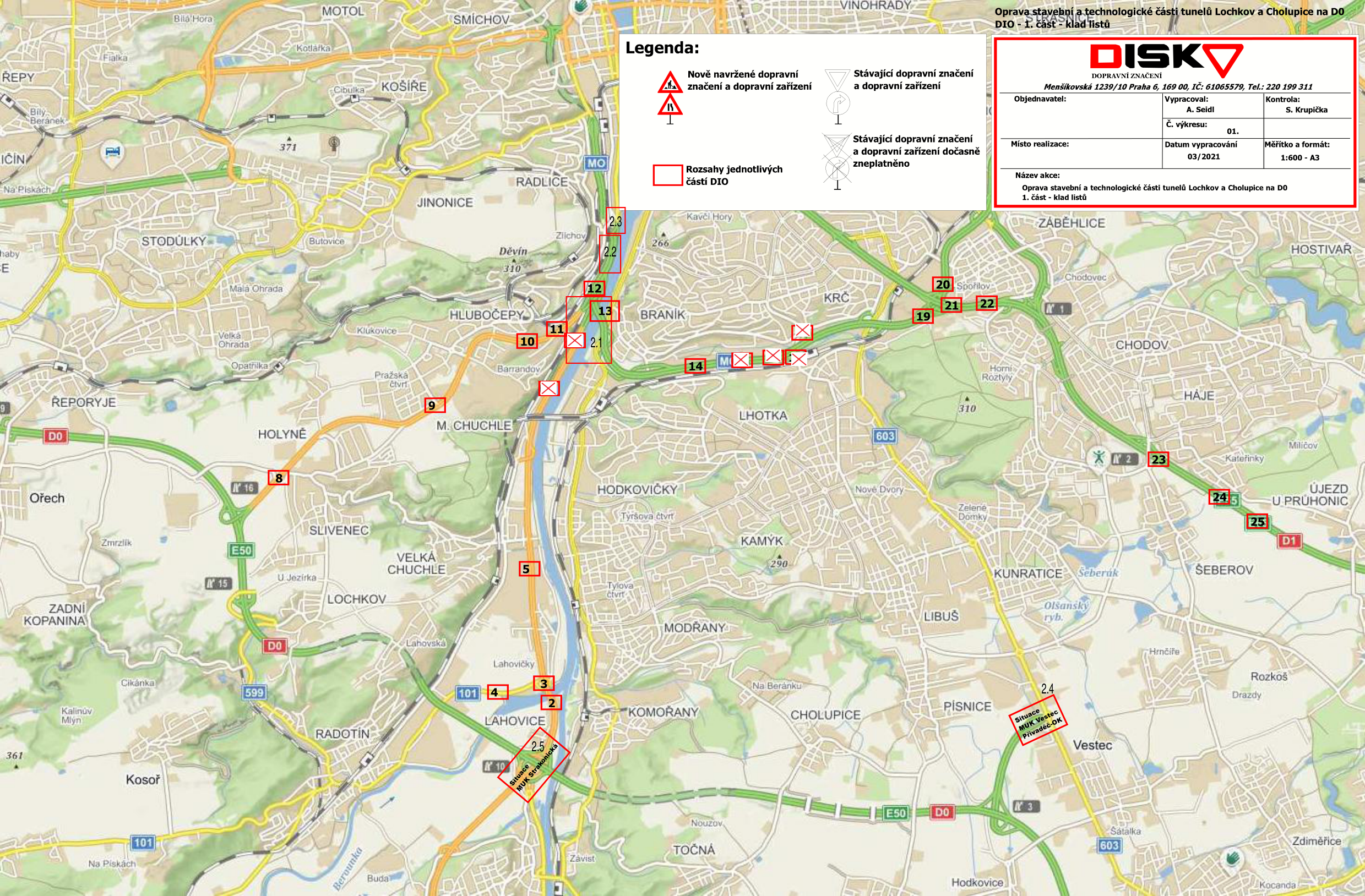 Mapa plánu dopravního značení (DIO) pro opravu stavební a technologické části tunelů Lochkov a Cholupice na dálnici D0. Dokument obsahuje legendu: červené trojúhelníky značí nově navržené dopravní značení, černé značky značí stávající značení a stávající značení dočasně zneplatněné. Červené obdélníky s čísly označují rozsahy jednotlivých částí DIO. V pravém horním rohu je tabulka s informacemi: Název akce: Oprava stavební a technologické části tunelů Lochkov a Cholupice na D0, 1. část - klad listů. Objednavatel: DISK, Dopravní značení, Menšíkovská 1239/10 Praha 6, 169 00, IČ: 61065579, tel: 220 199 311. Vypracoval: A. Seidl, Kontrola: S. Krupička, Datum vypracování: 03/2021, Měřítko a formát: 1:600 - A3.
