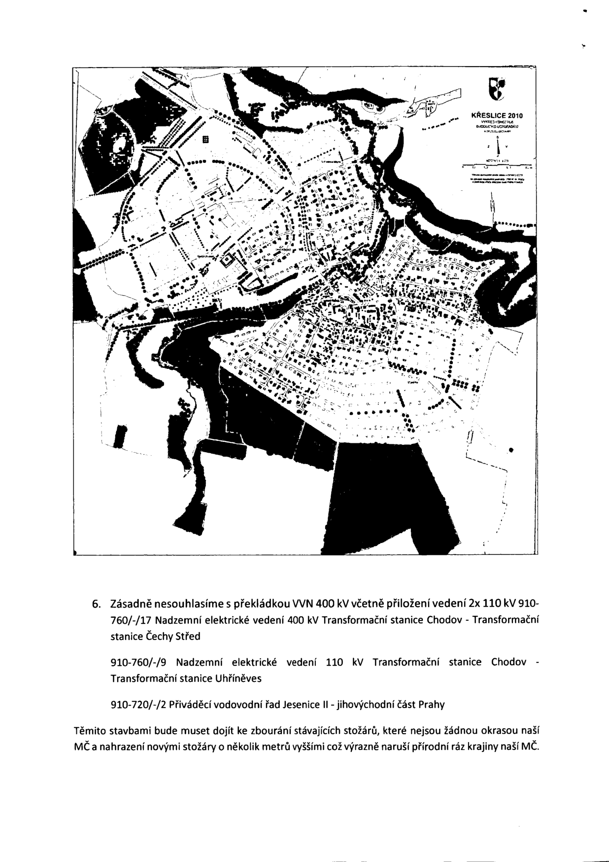 Katastrální mapa území Křeslic se zákresem inženýrských sítí.