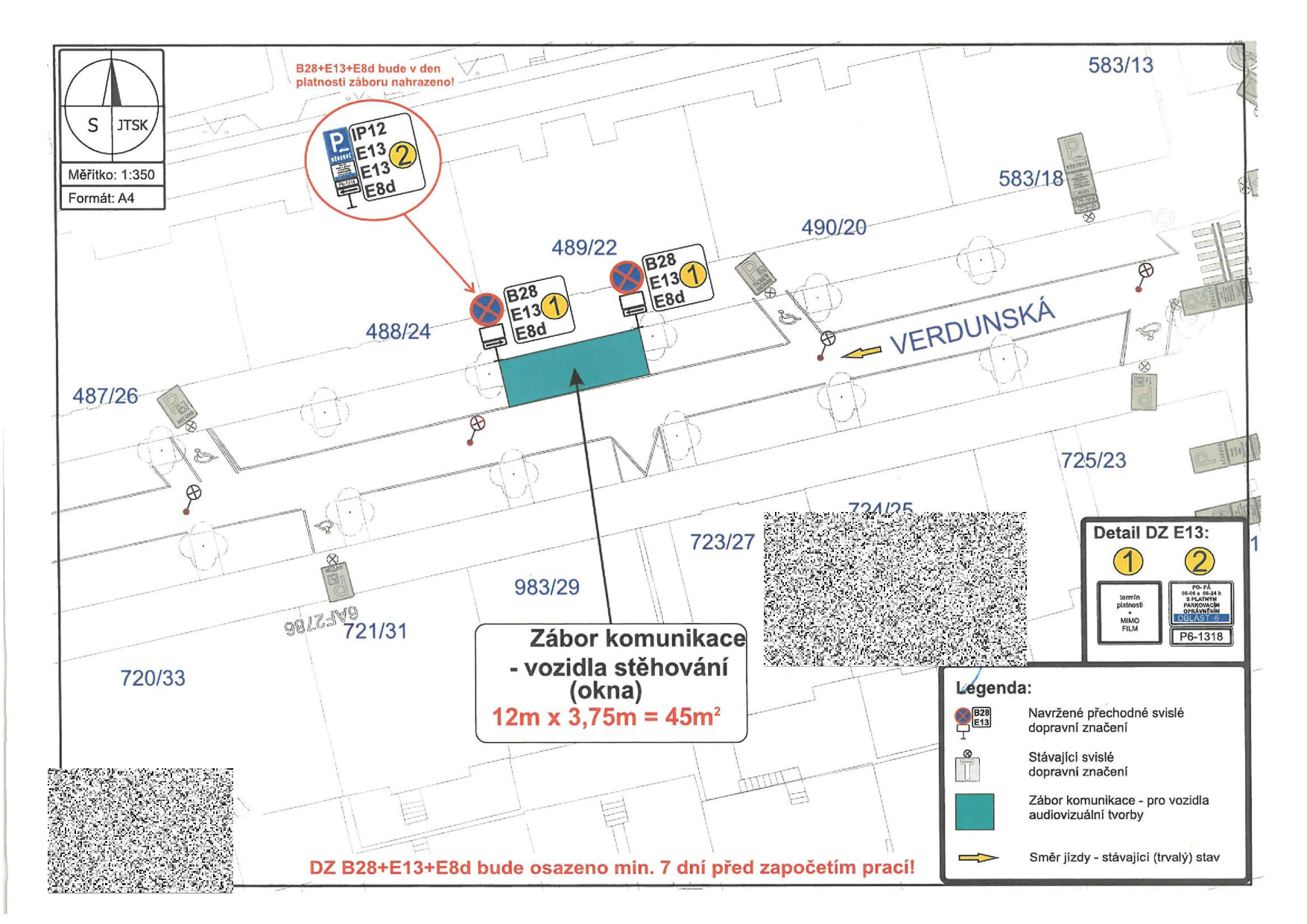 Situační nákres dopravního značení a záboru komunikace pro stěhovací vozidla v ulici Verdunská.