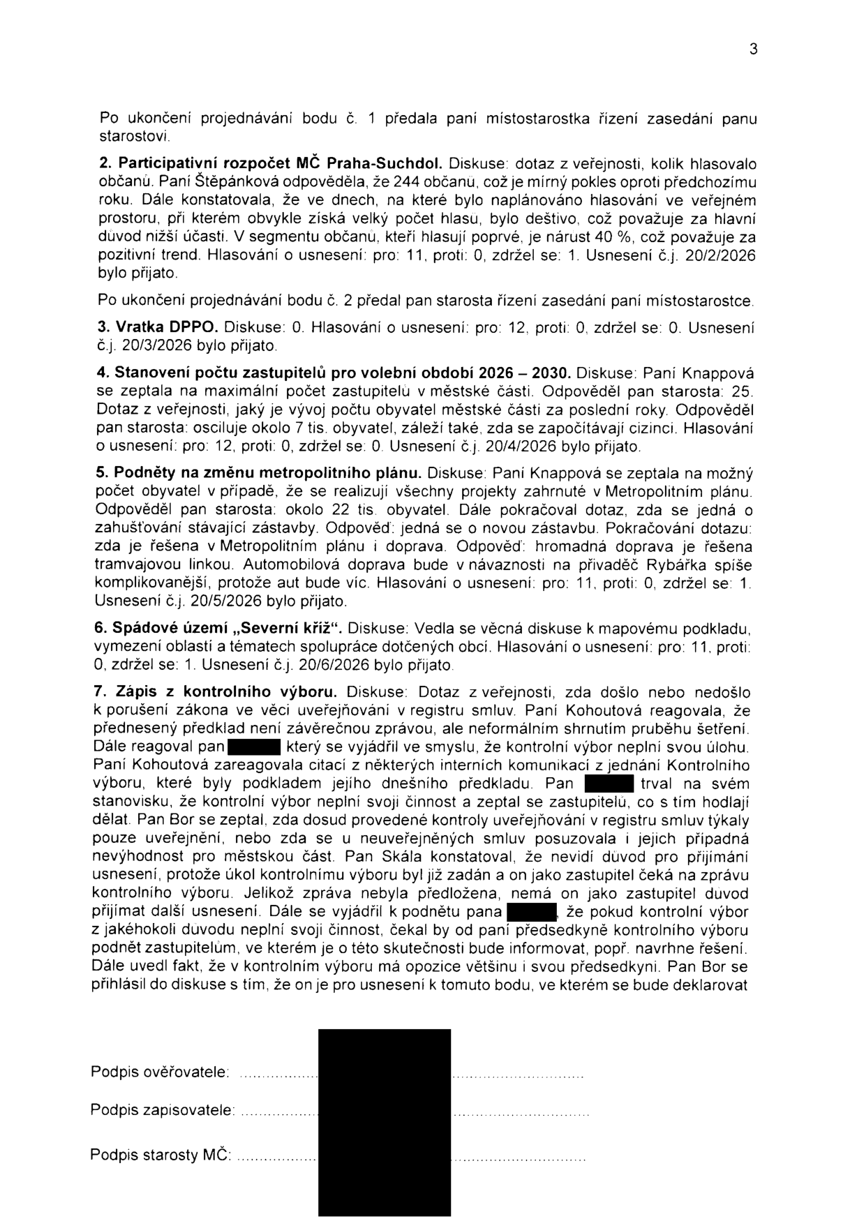Zápis ze zasedání zastupitelstva MČ Praha-Suchdol (strana 3). Obsahuje body: 2. Participativní rozpočet (244 hlasujících, nárůst prvovoličů o 40 %, usnesení 20/2/2026 přijato), 3. Vratka DPPO (usnesení 20/3/2026 přijato), 4. Stanovení počtu zastupitelů pro období 2026–2030 (25 zastupitelů, usnesení 20/4/2026 přijato), 5. Podněty na změnu metropolitního plánu (kapacita cca 22 tis. obyvatel, usnesení 20/5/2026 přijato), 6. Spádové území „Severní kříž“ (usnesení 20/6/2026 přijato), 7. Zápis z kontrolního výboru (diskuse o zveřejňování smluv v registru, kritika činnosti kontrolního výboru). Dokument obsahuje pole pro podpisy ověřovatele, zapisovatele a starosty MČ.