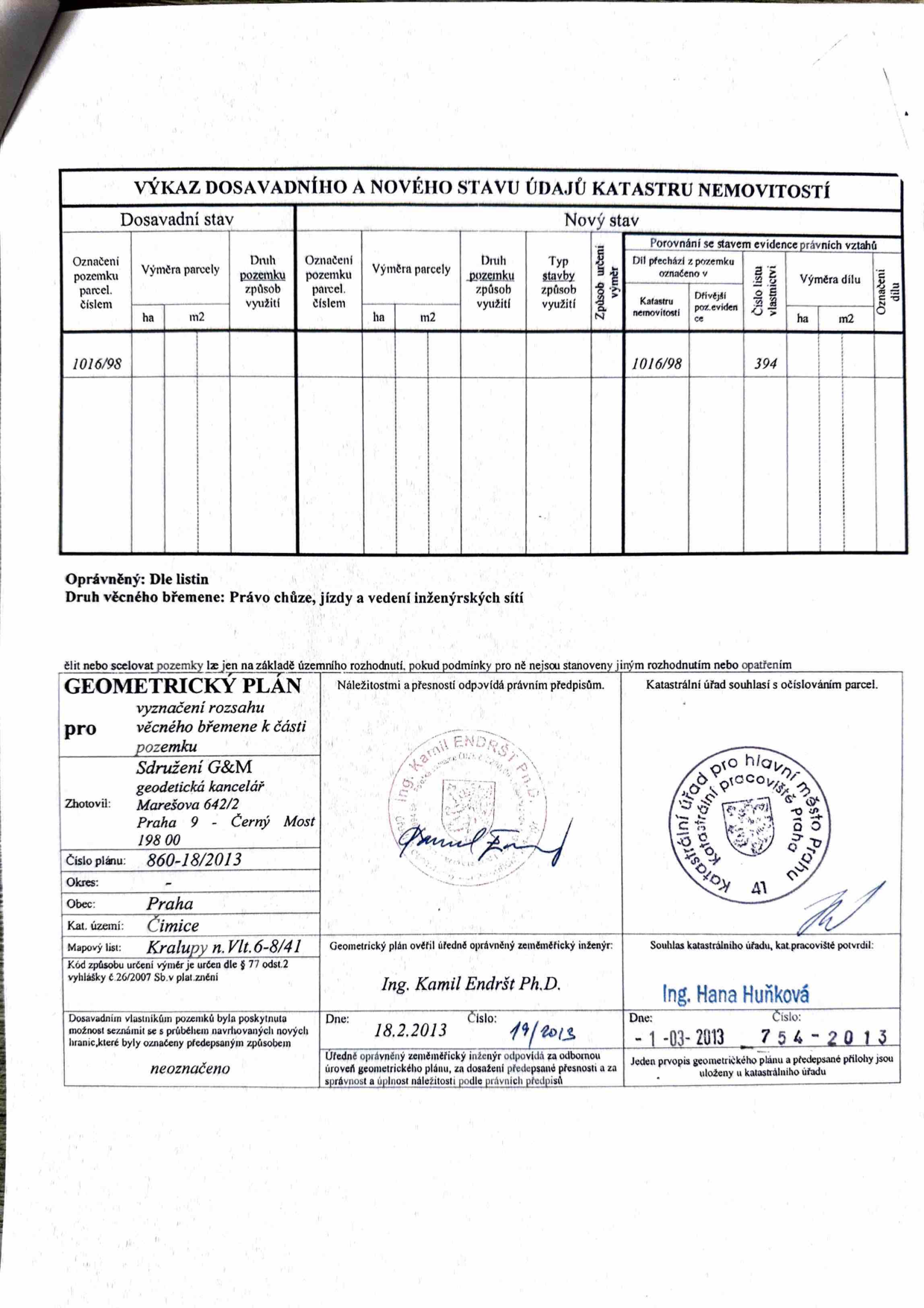 Geometrický plán pro vyznačení věcného břemene k části pozemku parc. č. 1016/98.