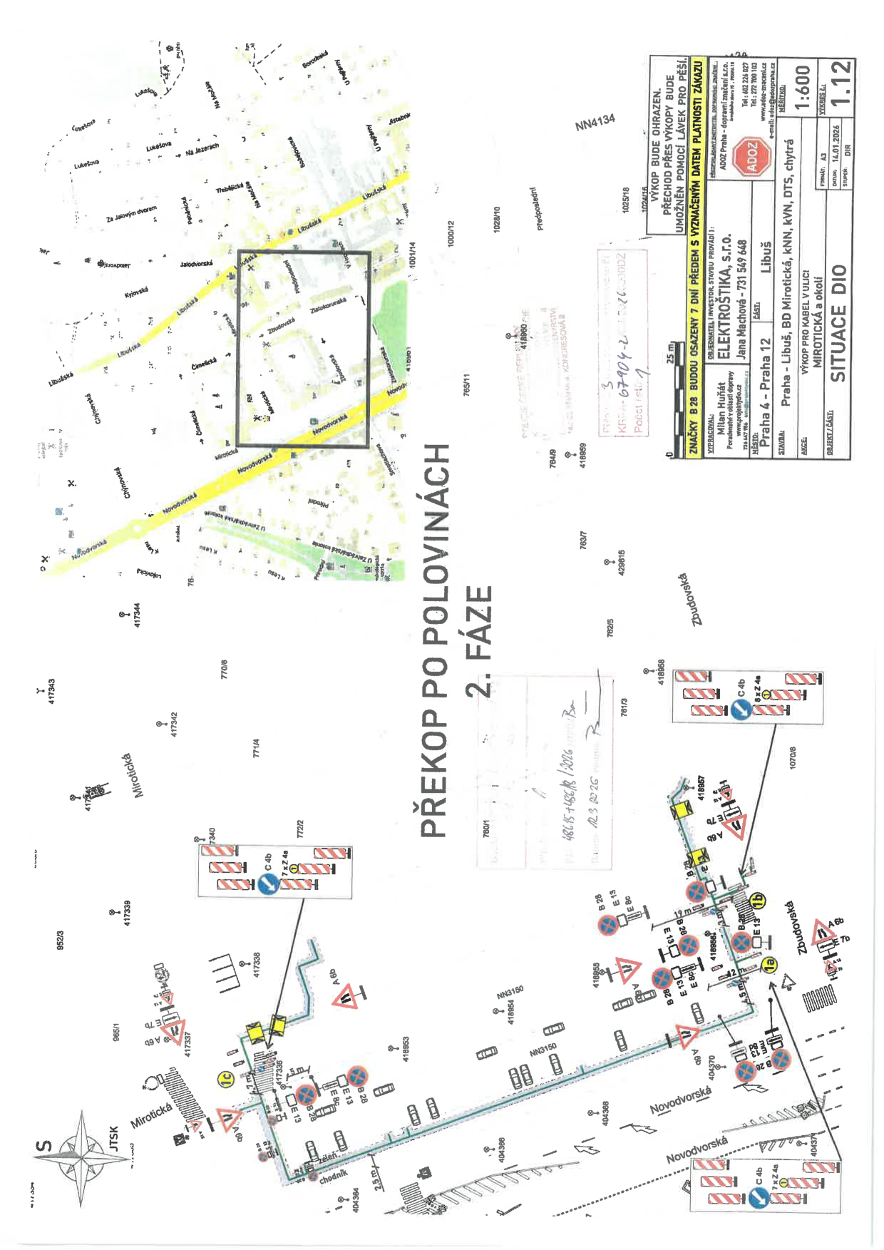 Situační nákres dopravního značení a výkopových prací pro stavbu v ulici Mirotická v Praze-Libuši.