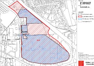 Mapa územního plánu, změna číslo Z 3518/27. Investor: Na Jelenách, a.s. Legenda: čárkovaná čára - hranice řešeného území, červené šrafování - území dotčené změ…
