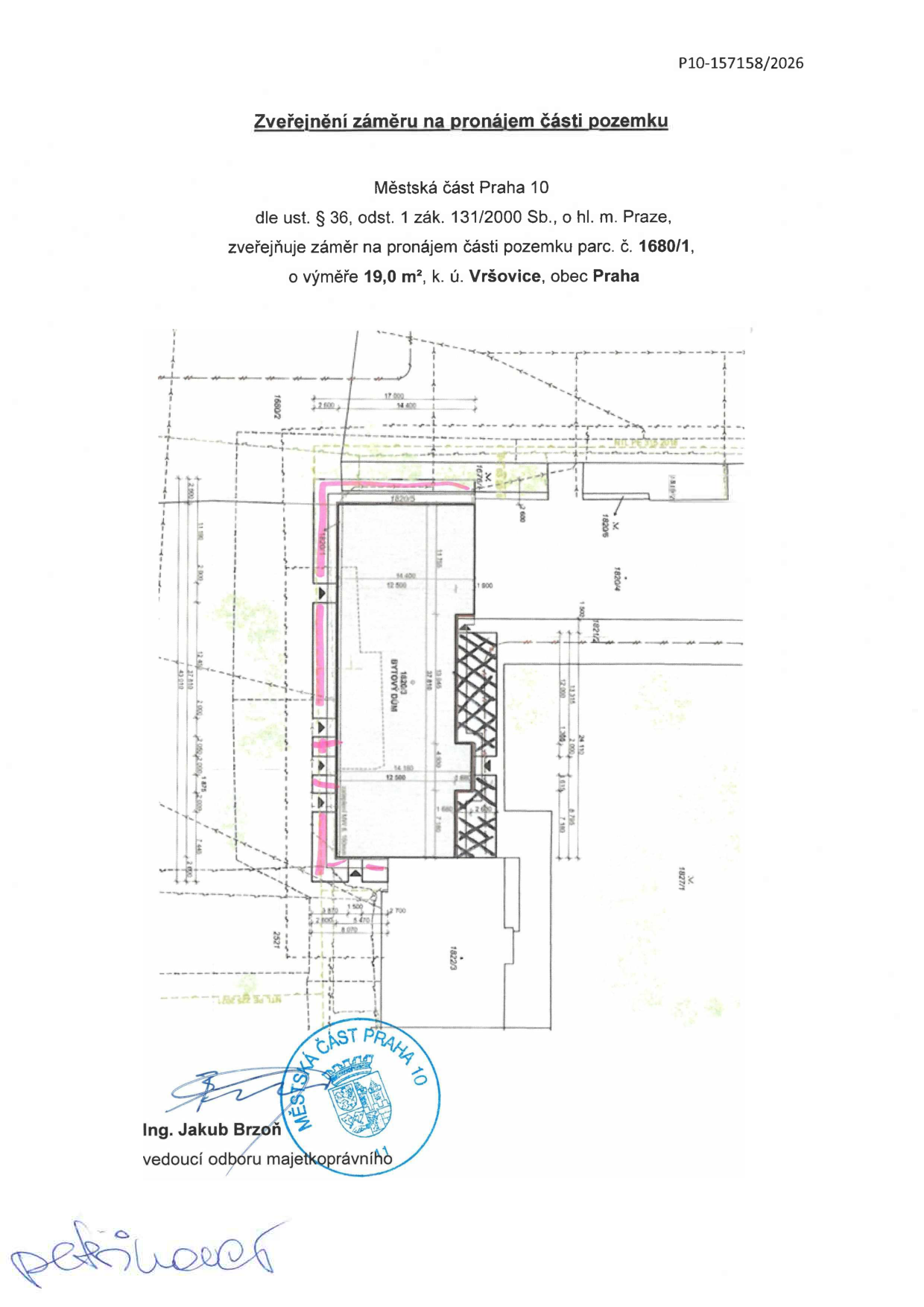 Situační nákres části pozemku parc. č. 1680/1 určené k pronájmu v katastrálním území Vršovice.