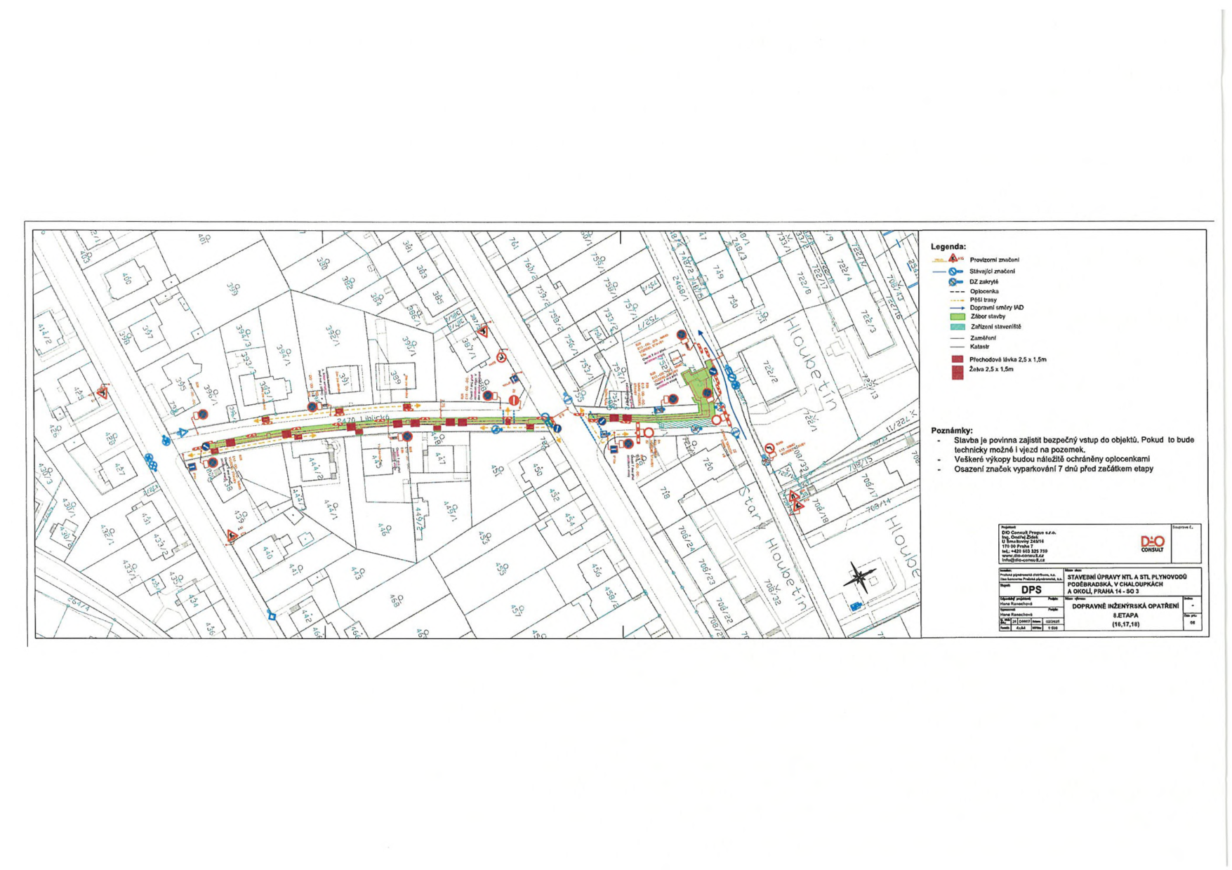 Koordinační situační výkres dopravního značení a stavebních úprav pro projekt plynovodu v lokalitě Praha 14 – Hloubětín.
