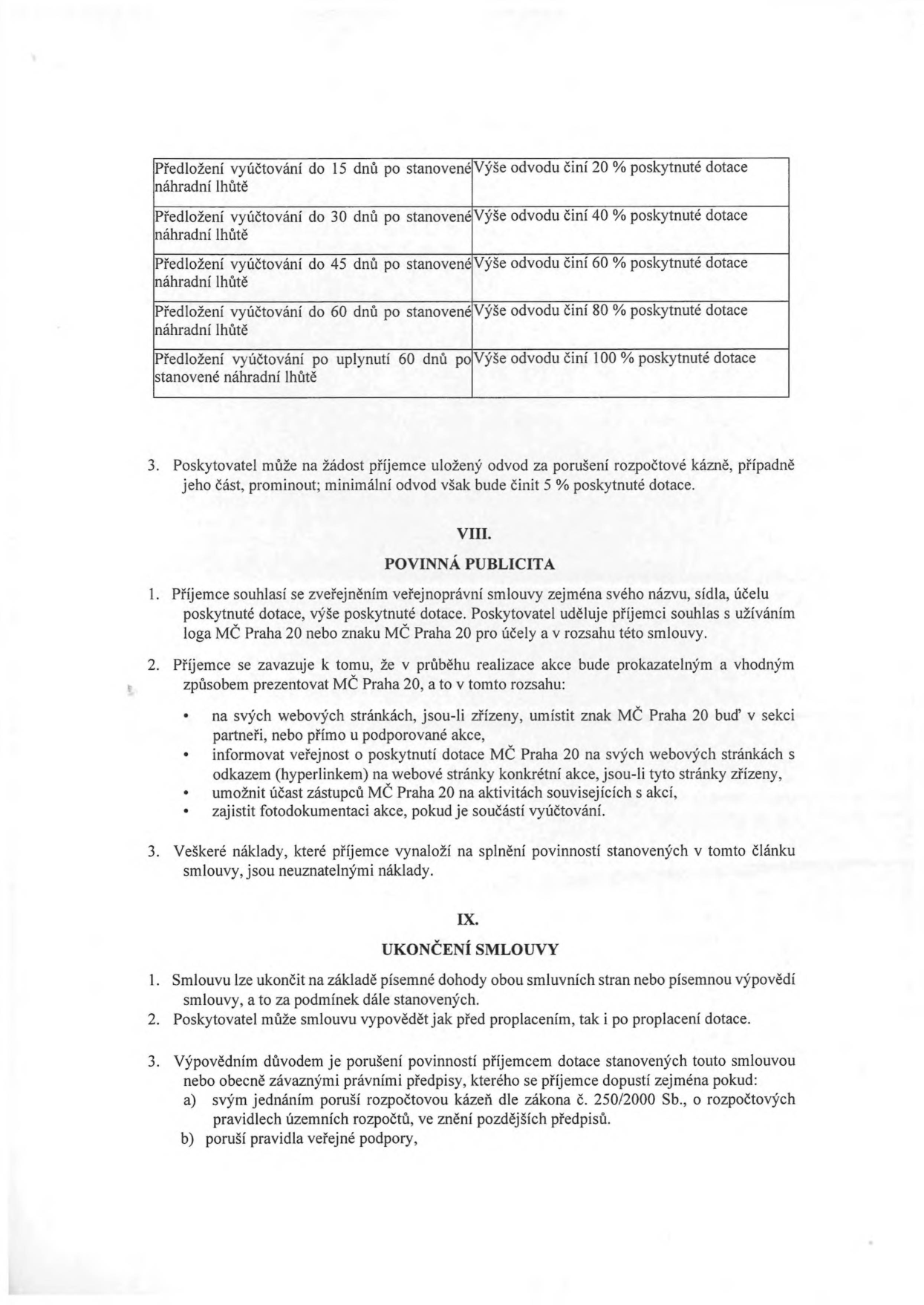 Tabulka sankcí za pozdní předložení vyúčtování dotace: 15 dní po lhůtě = 20 % odvodu, 30 dní = 40 %, 45 dní = 60 %, 60 dní = 80 %, po 60 dnech = 100 %. Poskytovatel může na žádost odvod prominout (min. 5 %). Článek VIII. Povinná publicita: příjemce musí uvádět logo MČ Praha 20, informovat o dotaci na webu a zajistit fotodokumentaci. Článek IX. Ukončení smlouvy: dohodou nebo výpovědí, možnost výpovědi při porušení rozpočtové kázně (zákon č. 250/2000 Sb.) nebo pravidel veřejné podpory.
