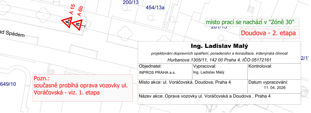 Situační nákres dopravního značení pro opravu vozovky. Obsahuje dopravní značky A 15 a A 6b. Textové informace: 'místo prací se nachází v "Zóně 30"', 'Doudova - 2. etapa', 'Pozn.: současně probíhá oprava vozovky ul. Voráčovská - viz. 1. etapa'. Tabulka s údaji: Ing. Ladislav Malý, projektování dopravních opatření, poradenství a konzultace, inženýrská činnost, Hurbanova 1305/11, 142 00 Praha 4, IČO 05172161. Objednatel: INPROS PRAHA a.s. Vypracoval: Ing. Ladislav Malý. Místo akce: ul. Voráčovská, Doudova, Praha 4. Datum vypracování: 11. 04. 2026. Název akce: Oprava vozovky ul. Voráčovská a Doudova, Praha 4.
