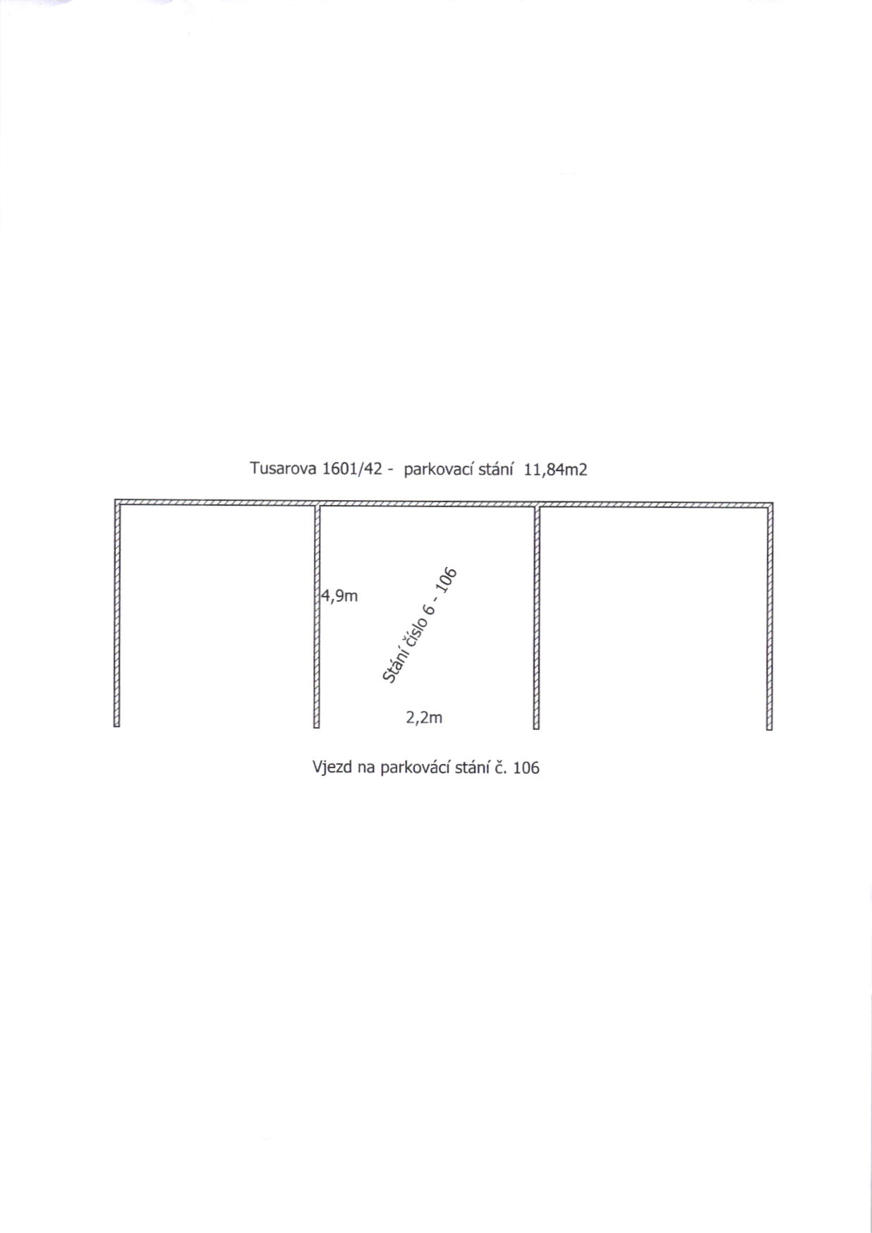 Schéma půdorysu parkovacího stání č. 106.