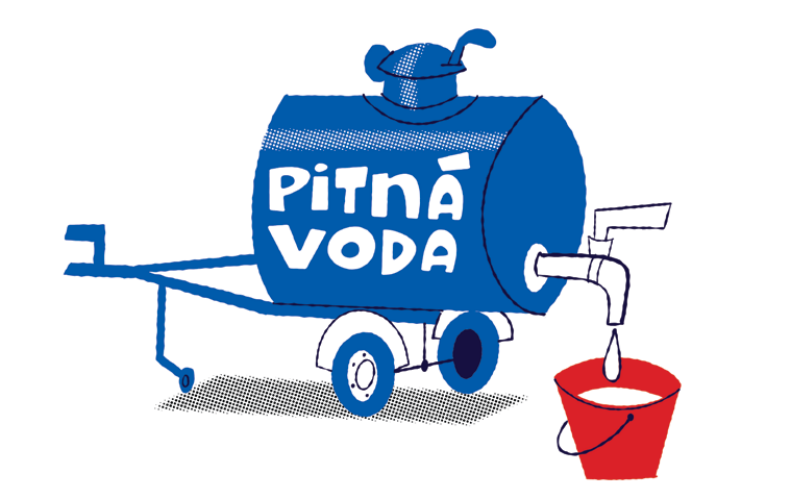 Ilustrace cisterny na pitnou vodu s nápisem 'PITNÁ VODA', ze které vytéká voda do červeného kbelíku. Obrázek slouží jako informační symbol pro zajištění náhradního zásobování pitnou vodou.