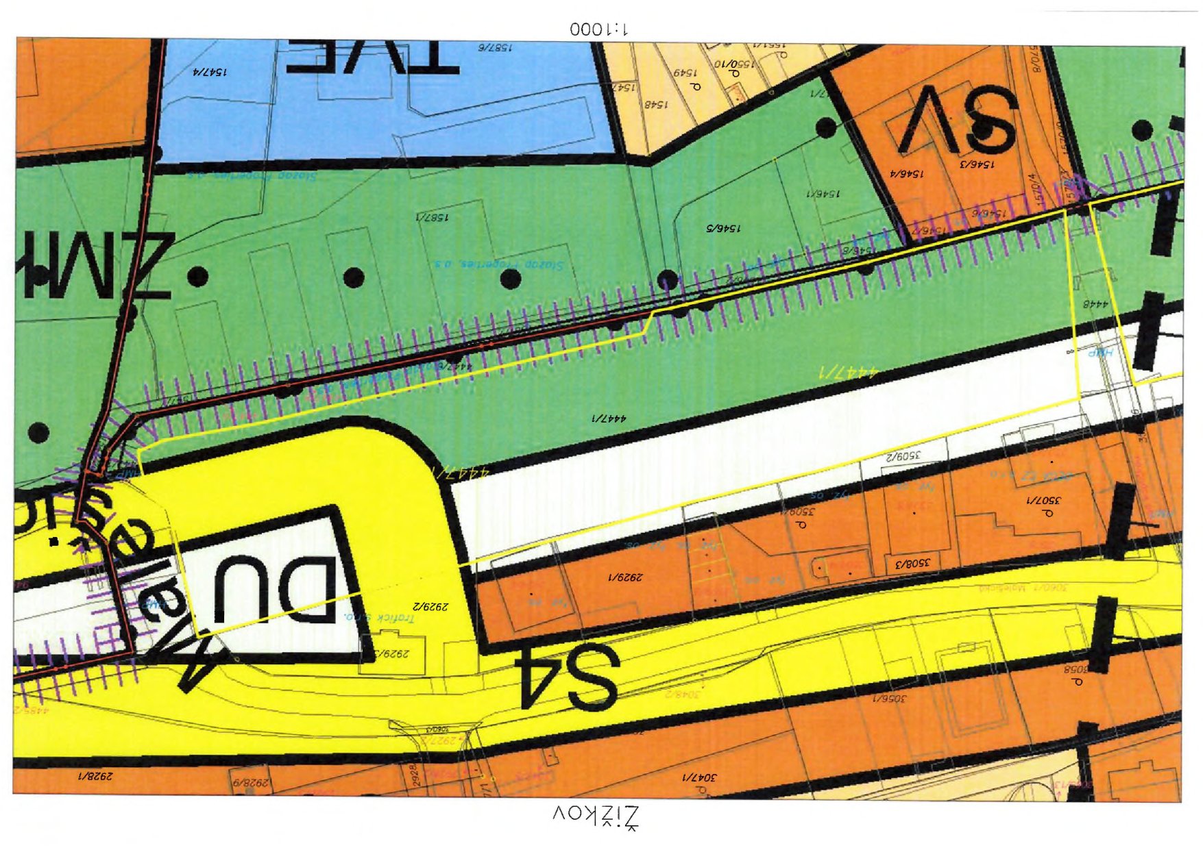 Územní plán (katastrální mapa) lokality Žižkov v měřítku 1:1000. Mapa obsahuje parcelní čísla (např. 3056/1, 3508/3, 3507/1, 3509/2, 2929/1, 2929/2, 4447/1, 1546/5, 1546/4, 1546/3, 1546/1, 1587/1, 1587/6, 1547, 1549, 1550/10, 1561/1, 570/8, 1570/4, 1570/3, 1570/2, 1546/6, 1546/7, 1546/8, 3047/1, 3048/2, 2928/9, 2928/1). V mapě jsou vyznačeny funkční plochy označené kódy S4, DU, ZM, SV, TVE. Dále je zde text 'Trafick' a 'Stazka' (pravděpodobně označení cest).
