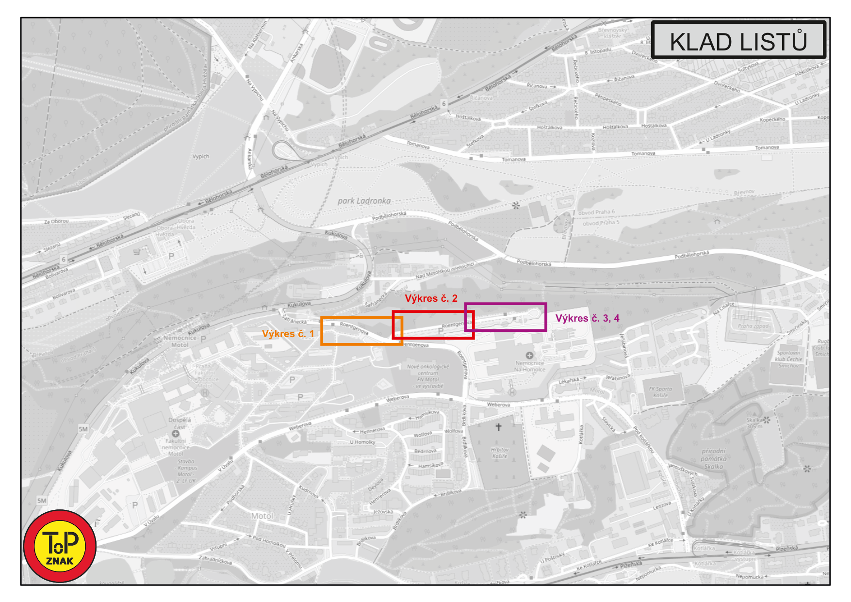 Koordinační situační výkres stavby v oblasti nemocnice Motol v Praze.