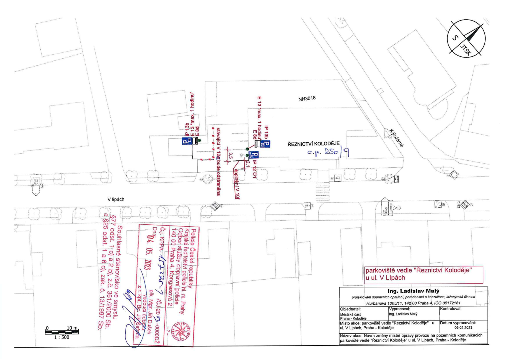 Situační nákres dopravního značení pro parkoviště u ulice V Lípách.
