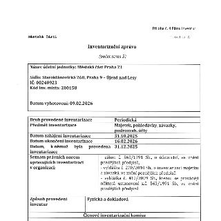 Inventarizační zpráva (počet stran 3) Městské části Praha 21, sídlo: Staroklánovická 260, Praha 9 – Újezd nad Lesy, IČ: 00240923, Kód inv. místa: 200158, datum…