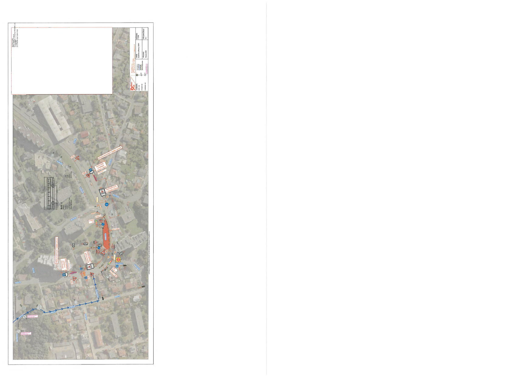 Koordinační situace dopravního značení a uzavírky komunikace s vyznačenou trasou autobusové linky.