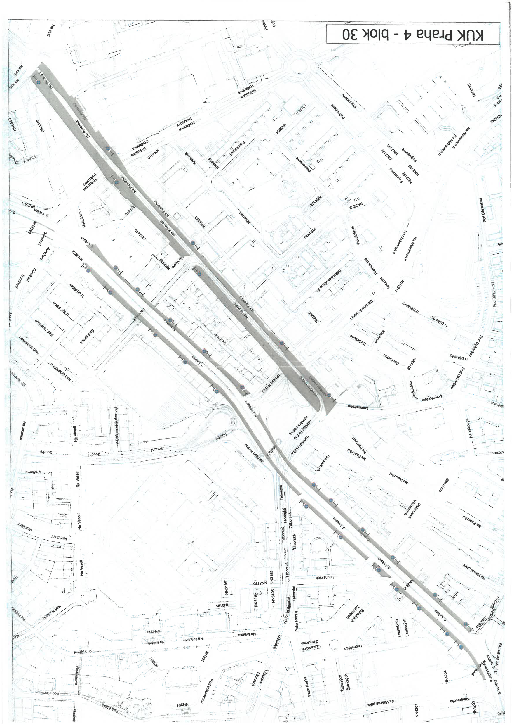 Katastrální mapa území v Praze 4 (oblast Pankrác) se zákresem zájmového území a vyznačenými body.