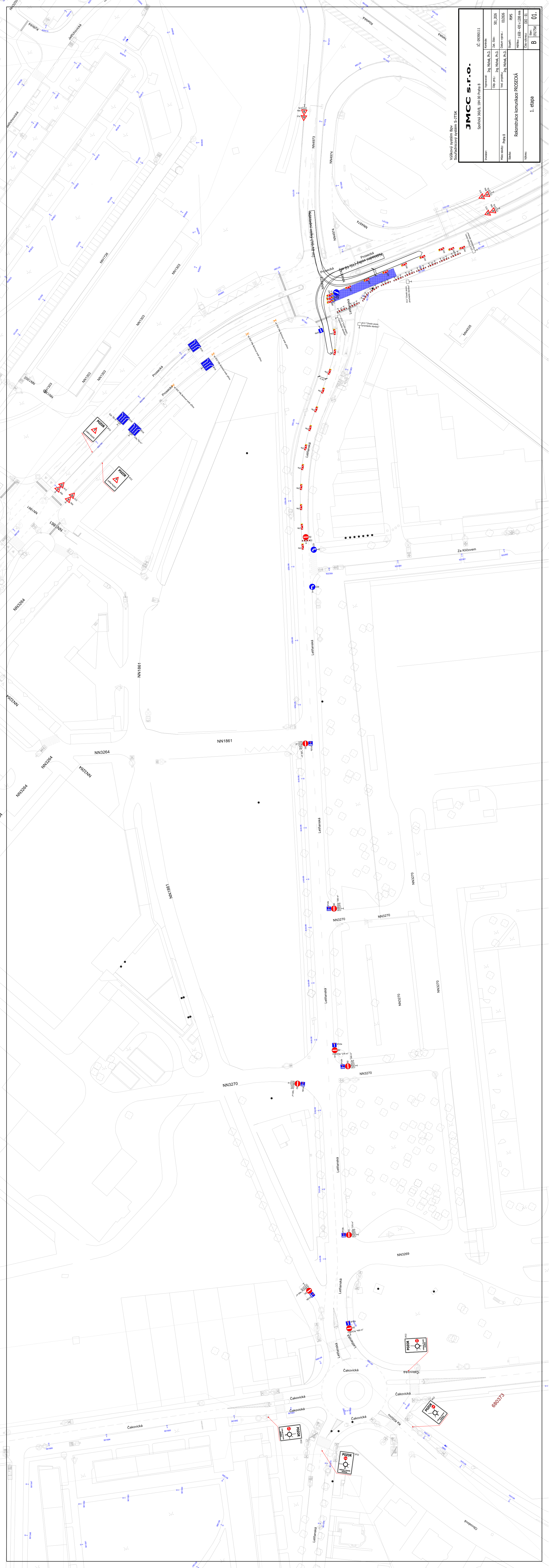 Situační nákres dopravního značení a plánu stavby pro rekonstrukci komunikace.