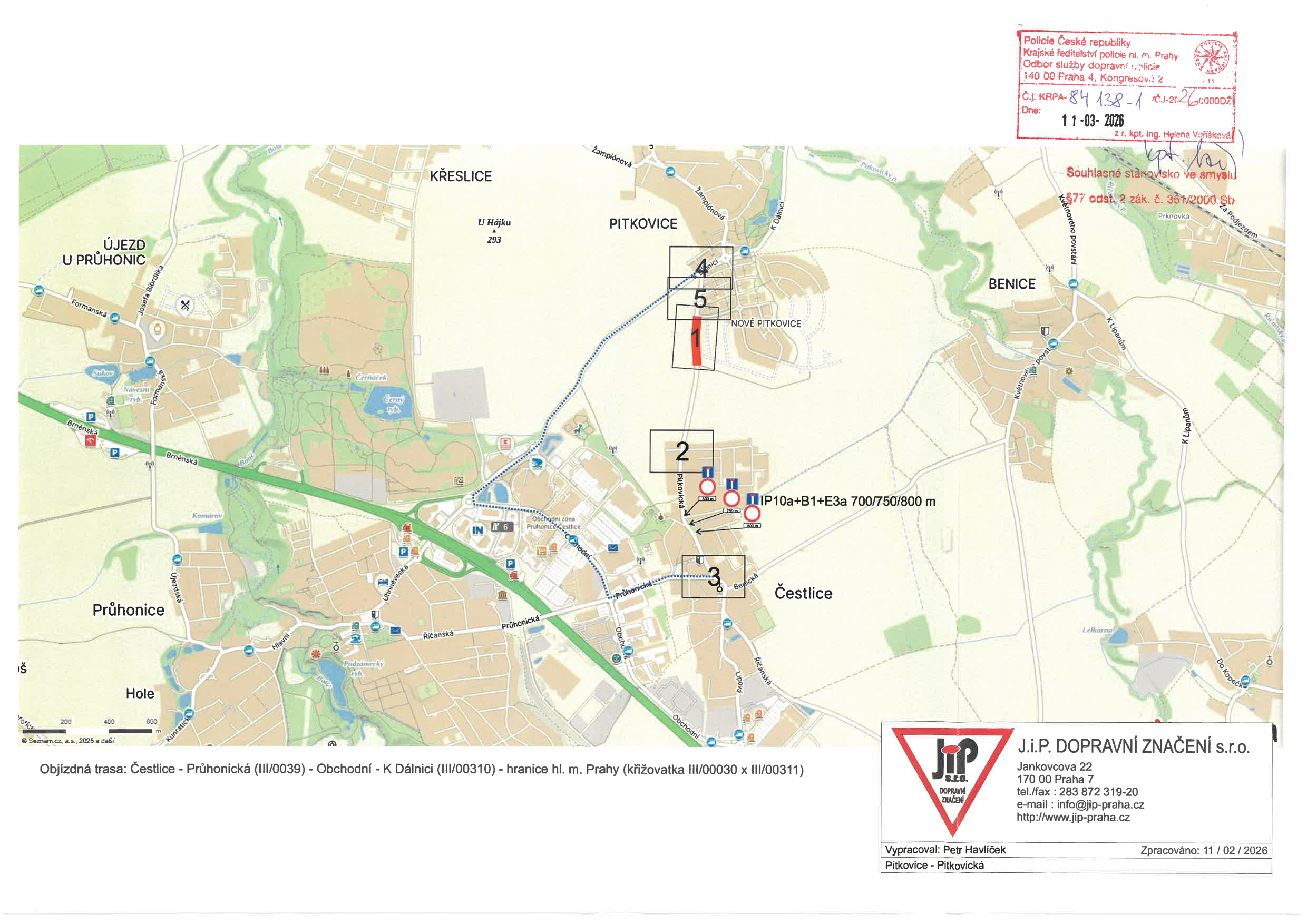 Situační plán s vyznačenou objízdnou trasou v lokalitě Pitkovice a Čestlice.