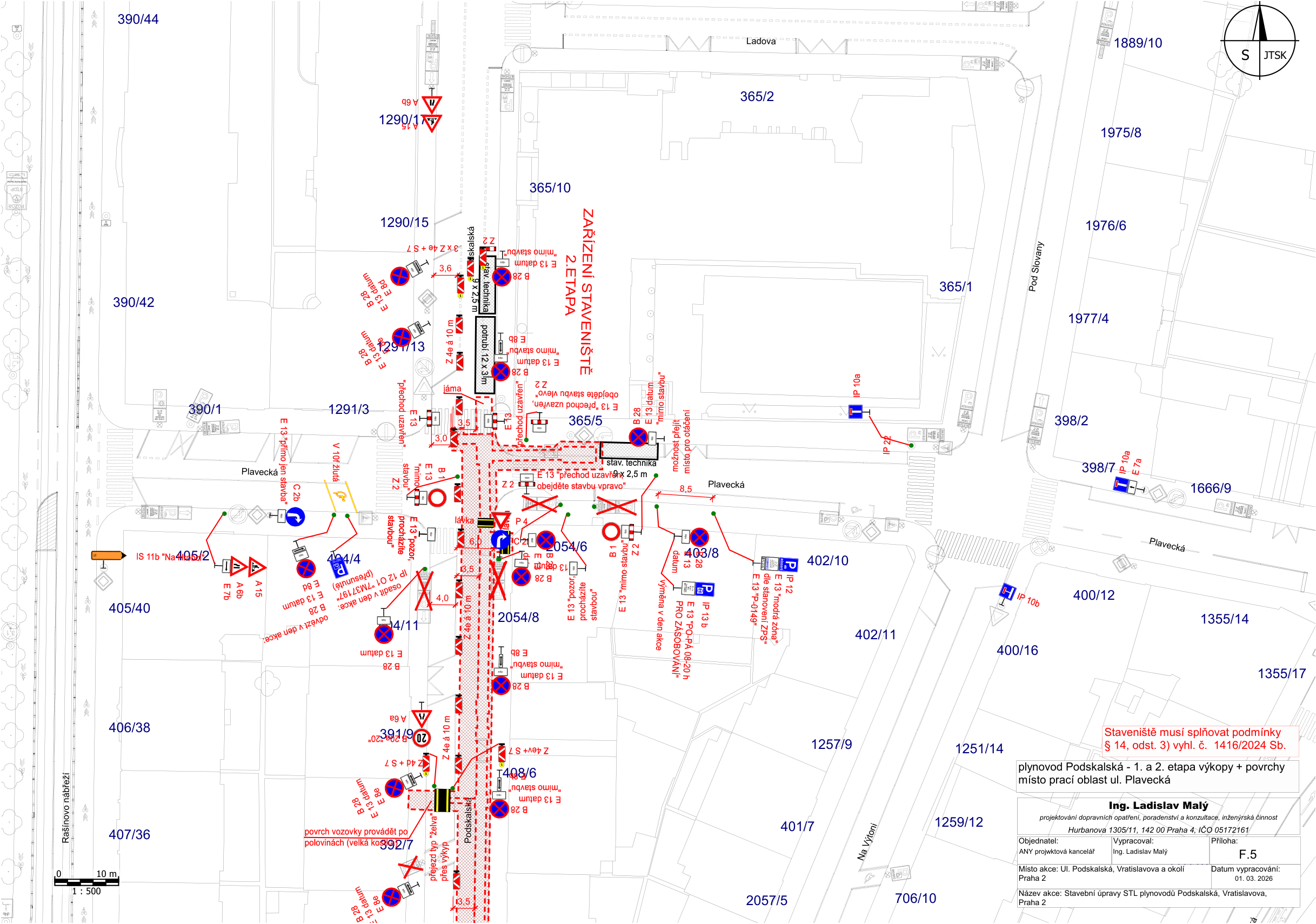 Situační nákres dopravního značení pro stavbu plynovodu v ulici Podskalská.